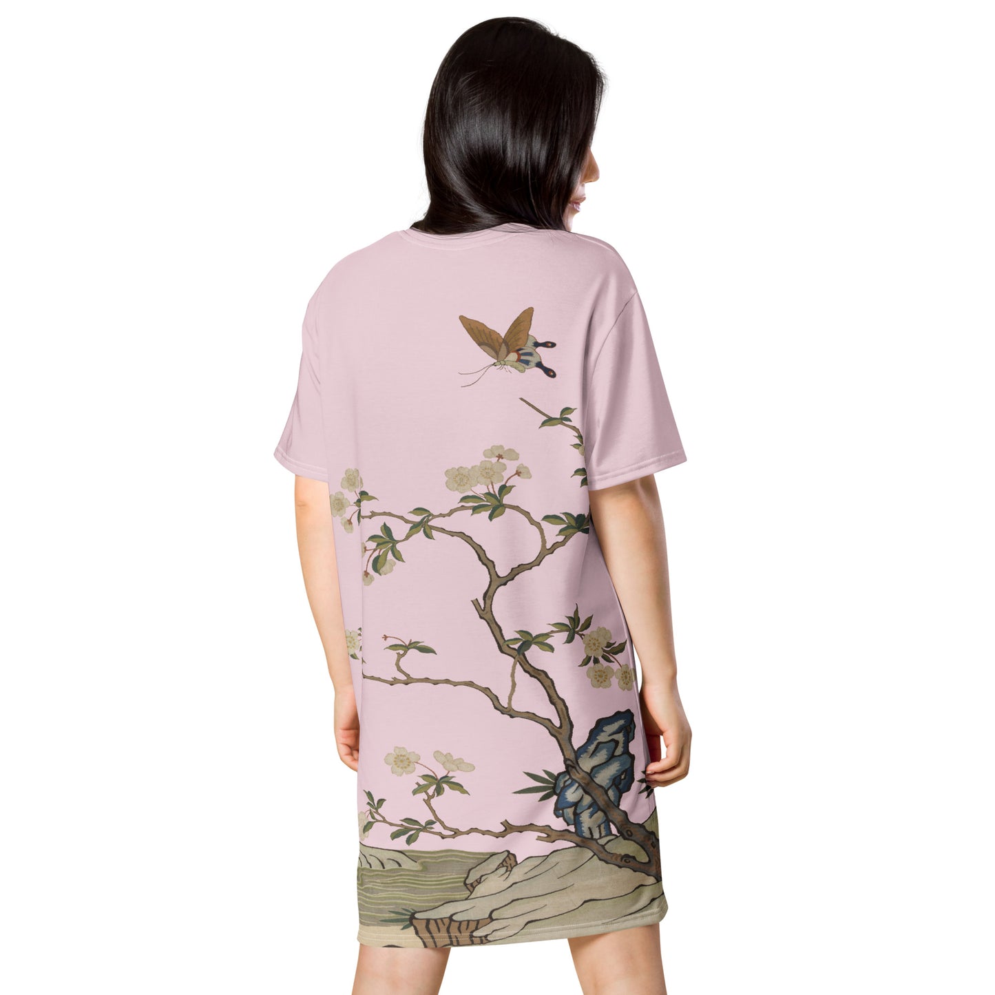 タペストリーの花｜Plum Blossoms and Butterfly｜Tシャツドレス｜Pale pinkish gray