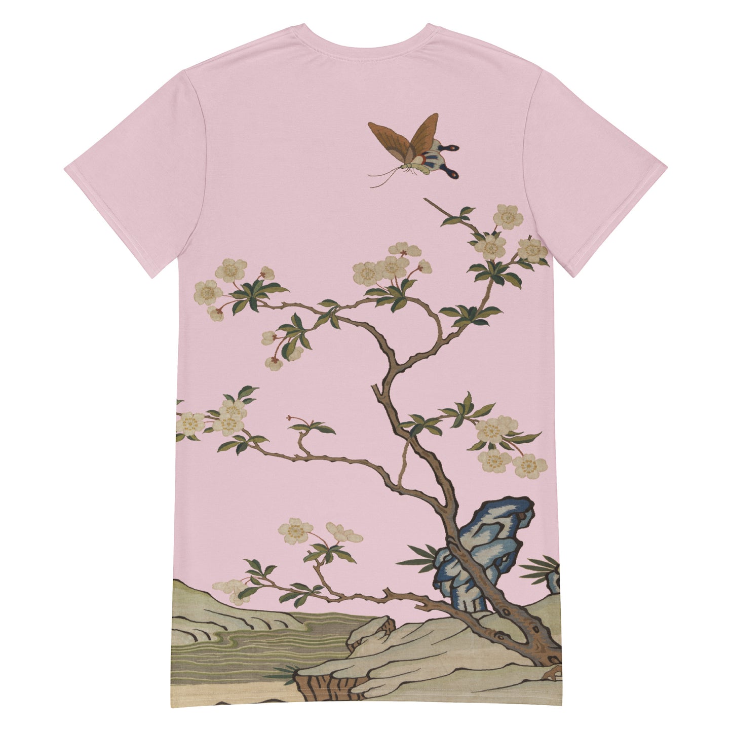 タペストリーの花｜Plum Blossoms and Butterfly｜Tシャツドレス｜Pale pinkish gray