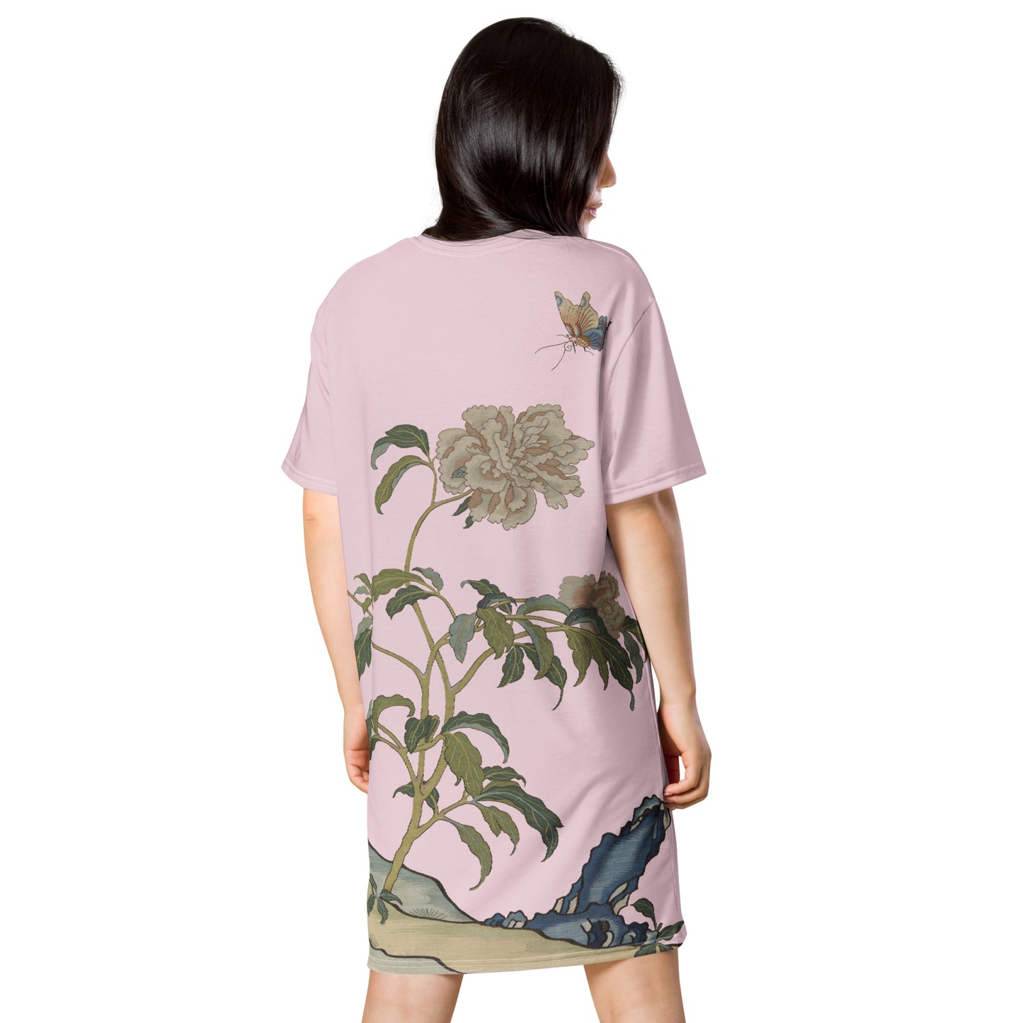 タペストリーの花｜Peonies and Butterfly｜Tシャツドレス｜Pale pinkish gray