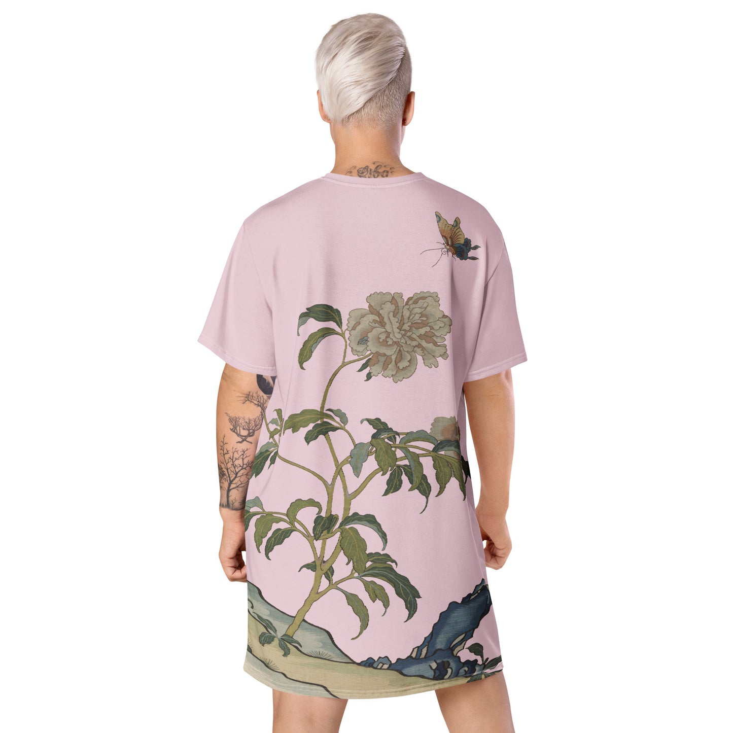 Kesi Flower Album｜Peonies and Butterfly｜T-shirt dress｜Pale pinkish gray