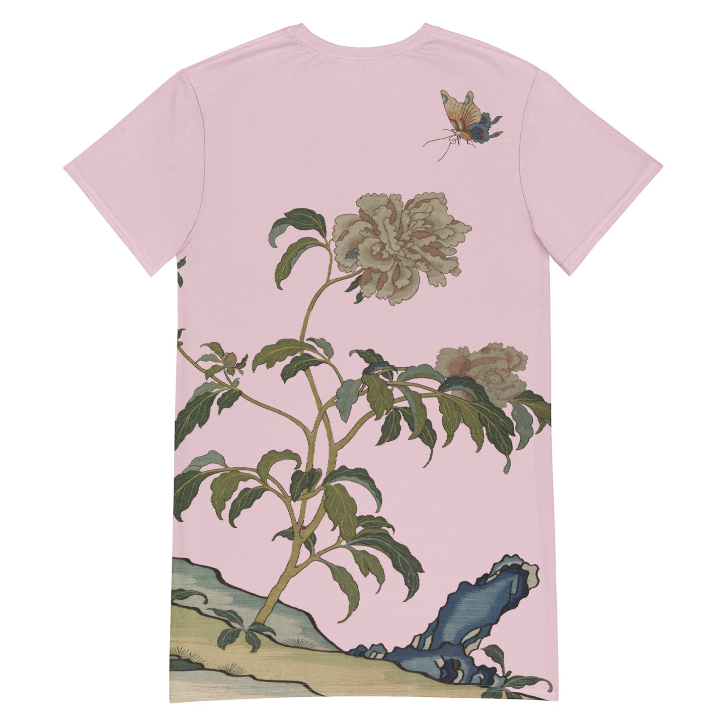 タペストリーの花｜Peonies and Butterfly｜Tシャツドレス｜Pale pinkish gray