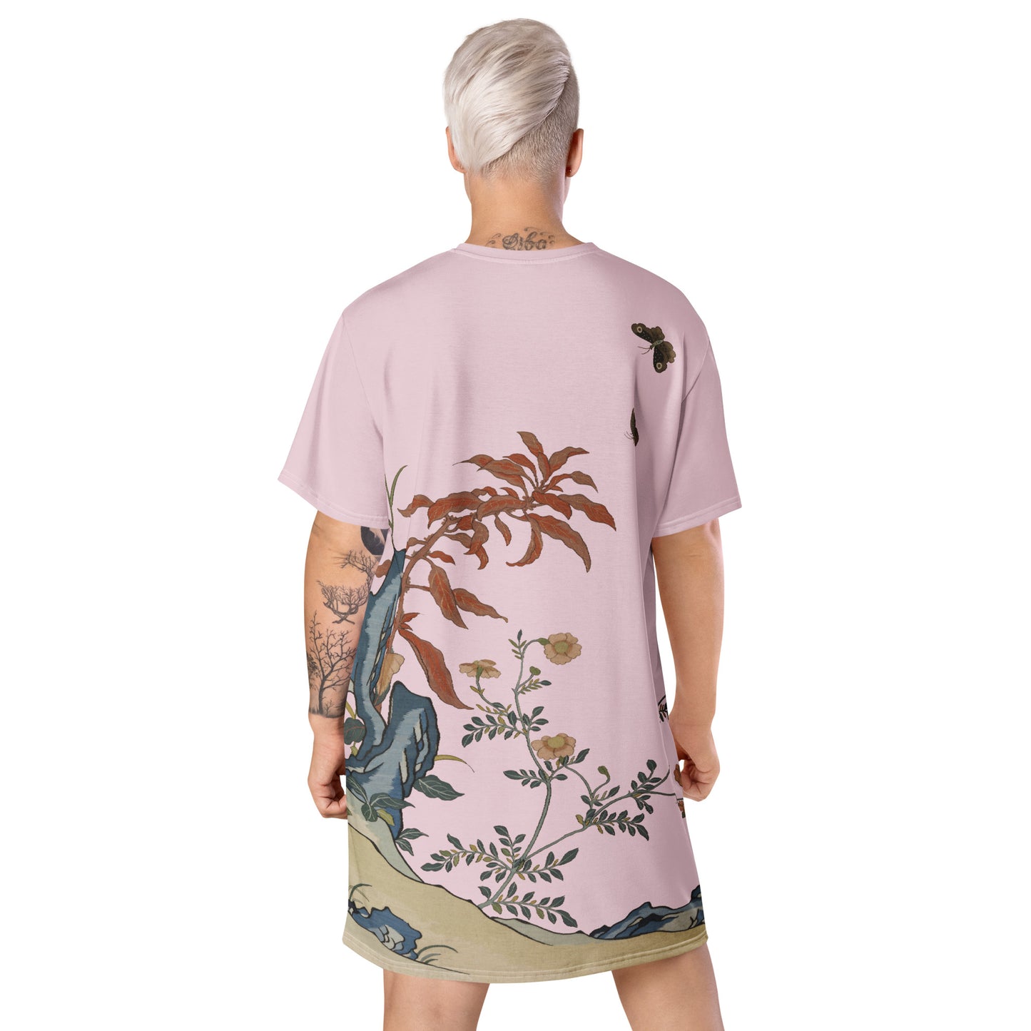 Kesi Flower Album｜Butterflies and Flowers｜T-shirt dress｜Pale pinkish gray