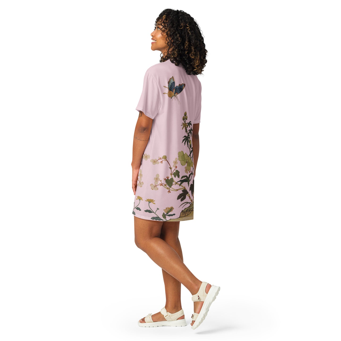 Kesi Flower Album｜Hibiscus and Begonia Blossoms｜T-shirt dress｜Pale pinkish gray