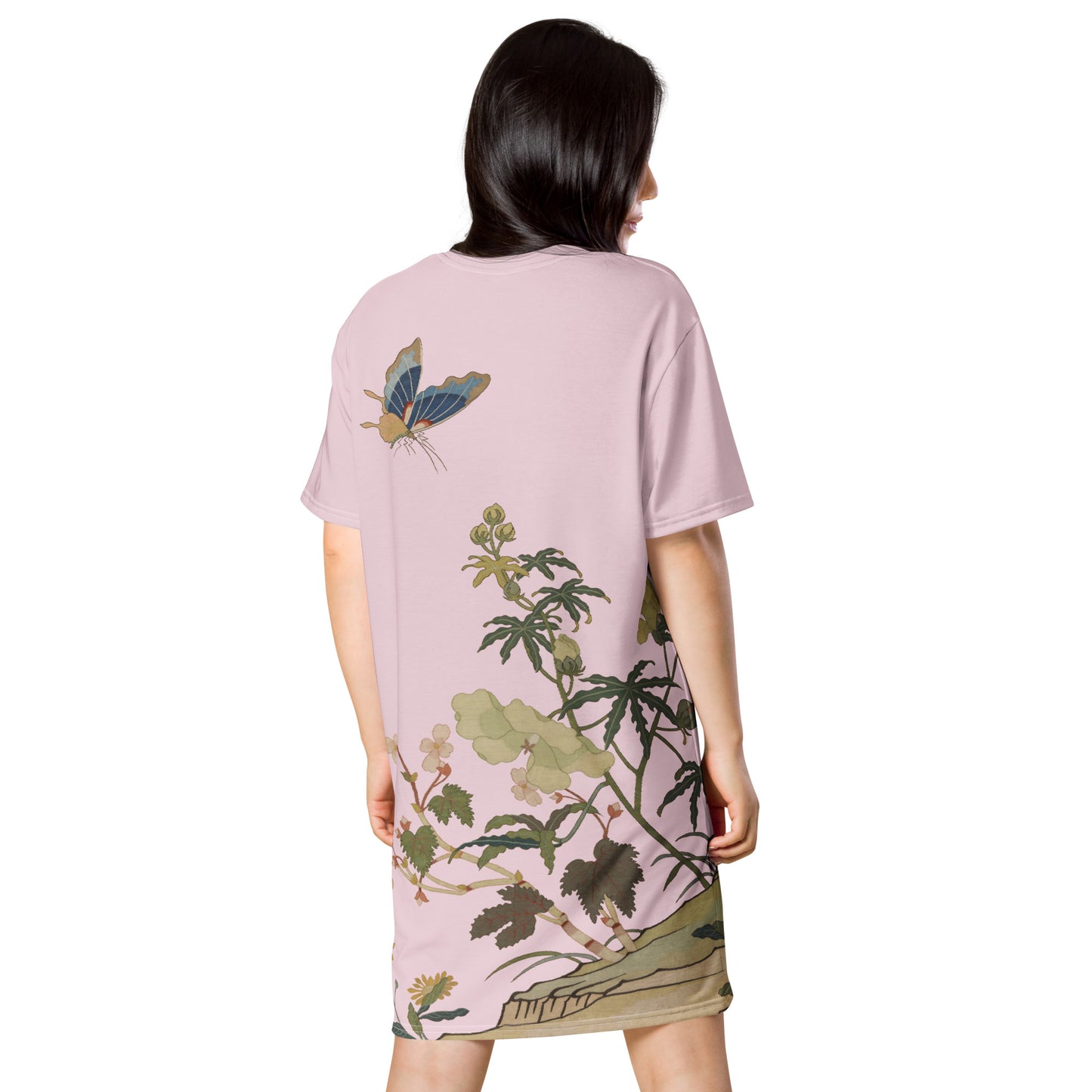 Kesi Flower Album｜Hibiscus and Begonia Blossoms｜T-shirt dress｜Pale pinkish gray