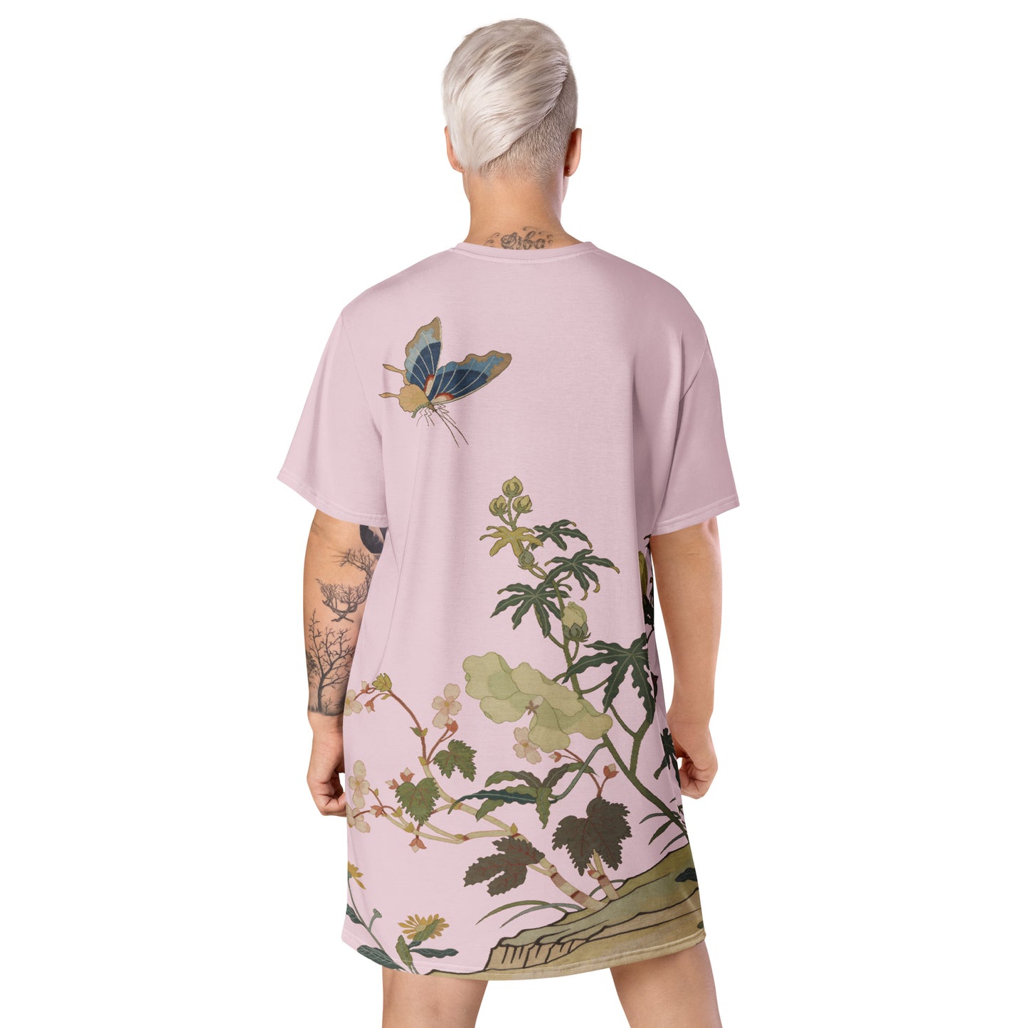 Kesi Flower Album｜Hibiscus and Begonia Blossoms｜T-shirt dress｜Pale pinkish gray