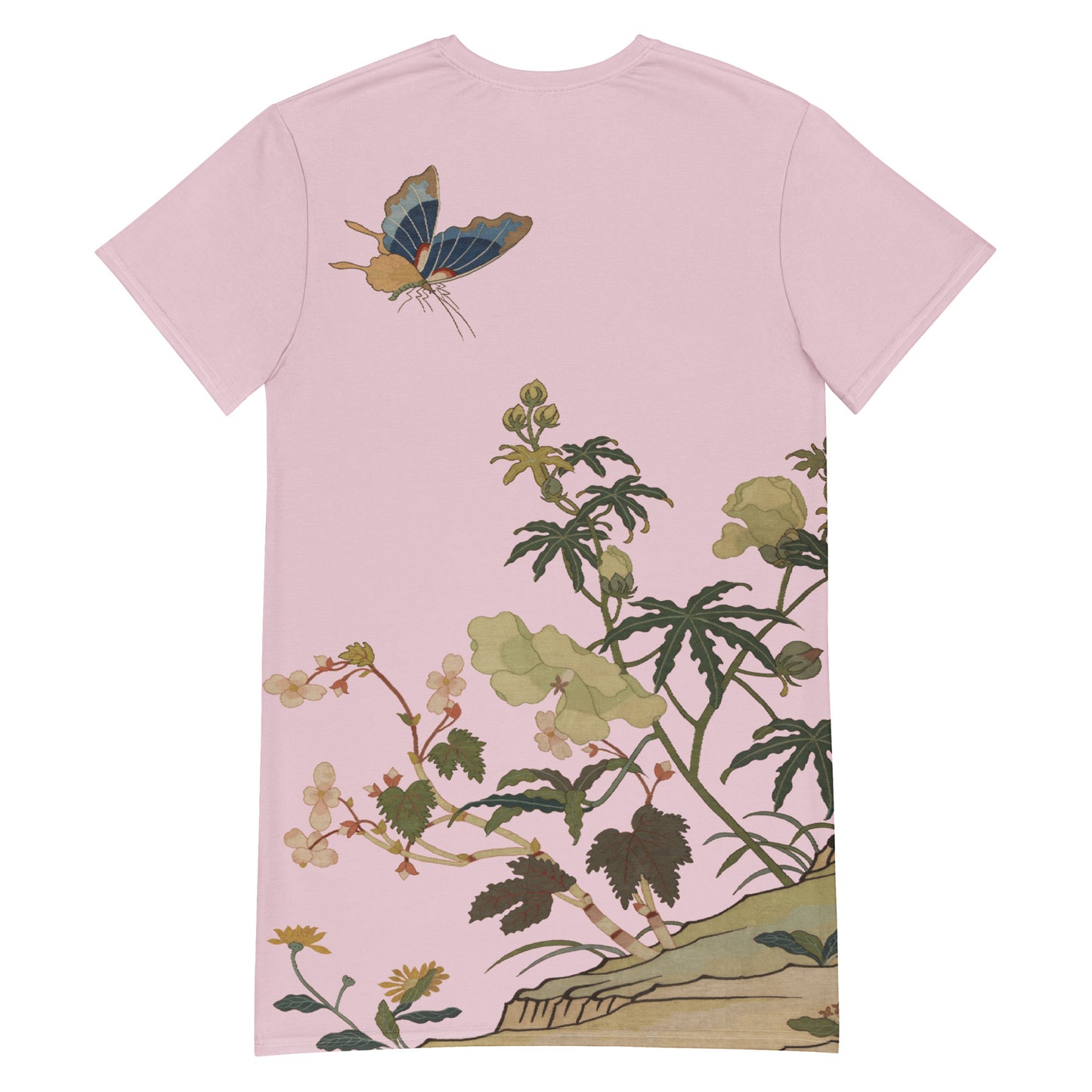 Kesi Flower Album｜Hibiscus and Begonia Blossoms｜T-shirt dress｜Pale pinkish gray