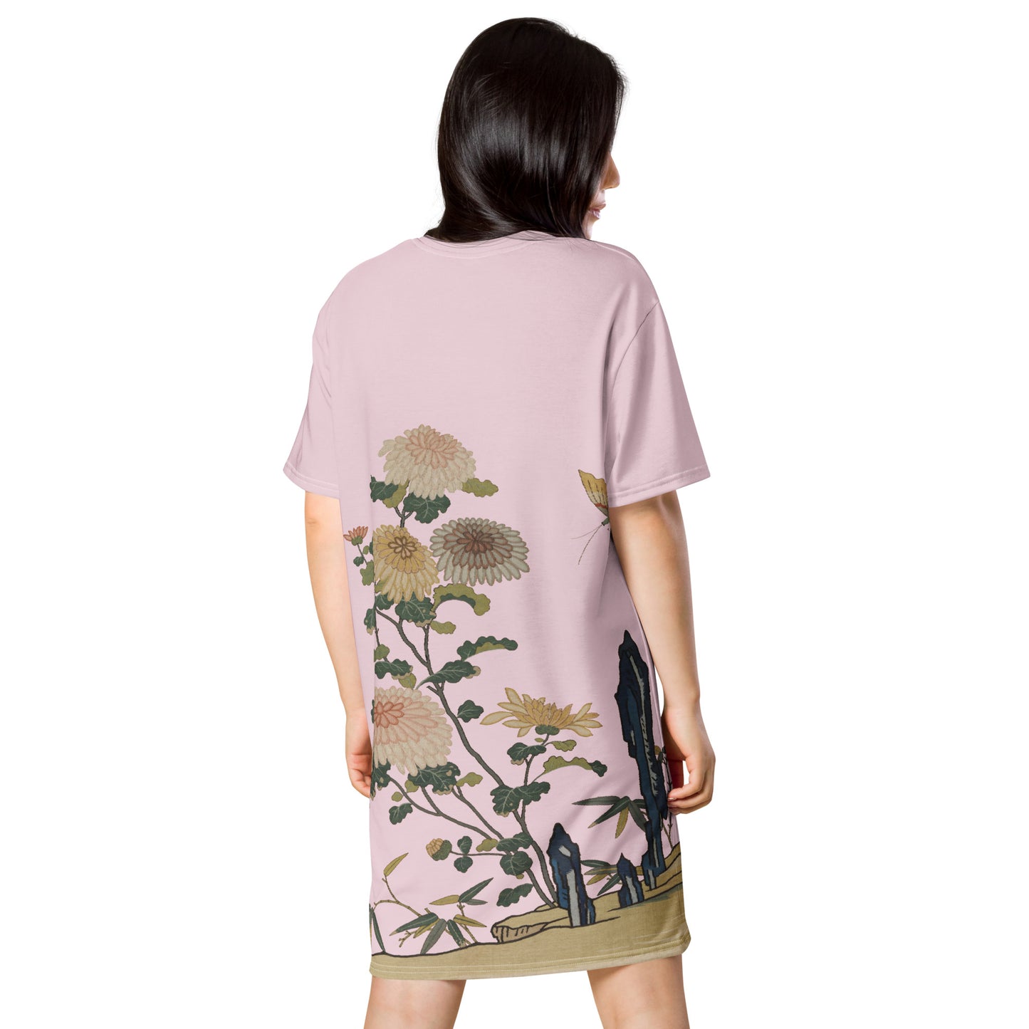 Kesi Flower Album｜Chrysanthemums and Butterflies｜T-shirt dress｜Pale pinkish gray