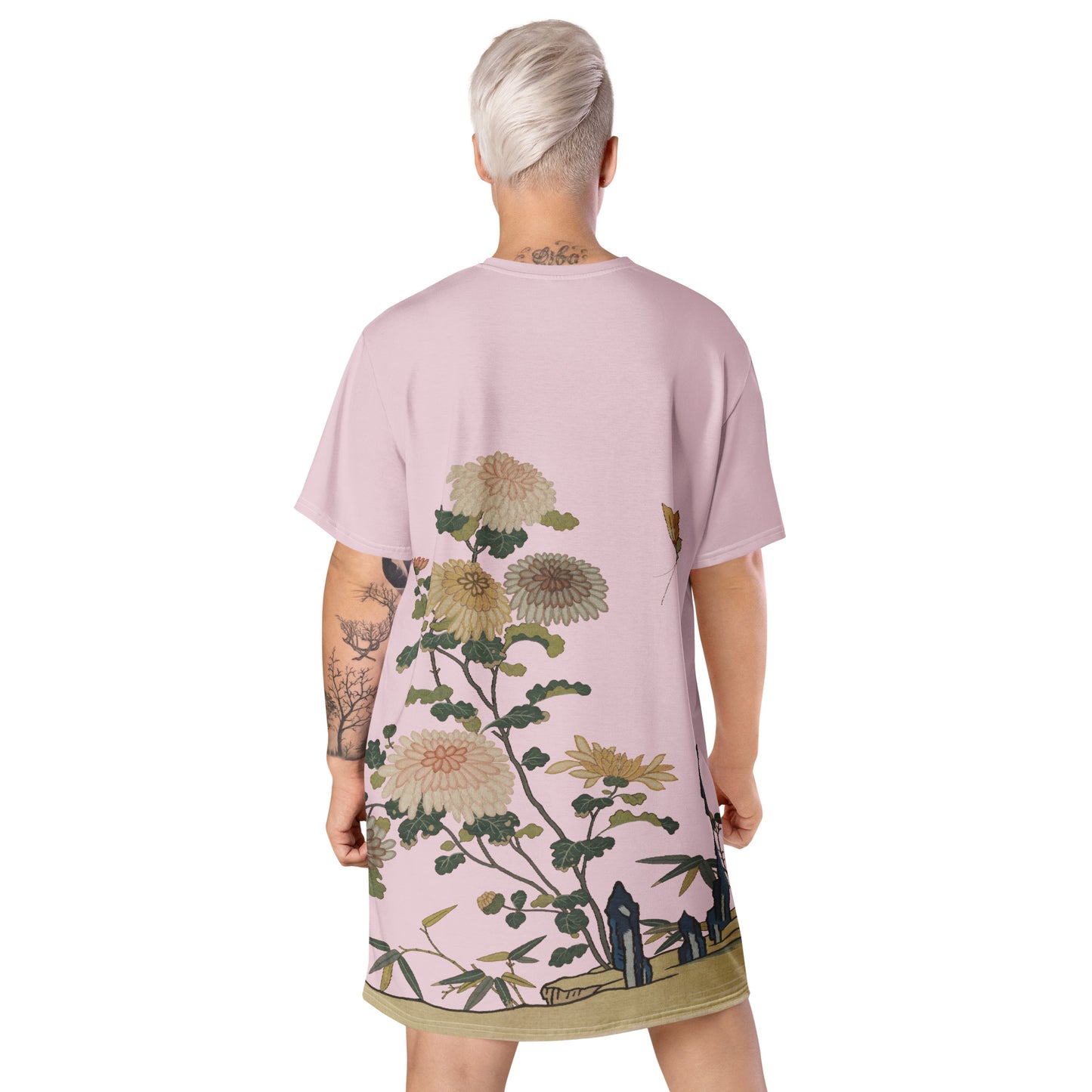 タペストリーの花｜菊と蝶｜Tシャツドレス｜Pale pinkish gray