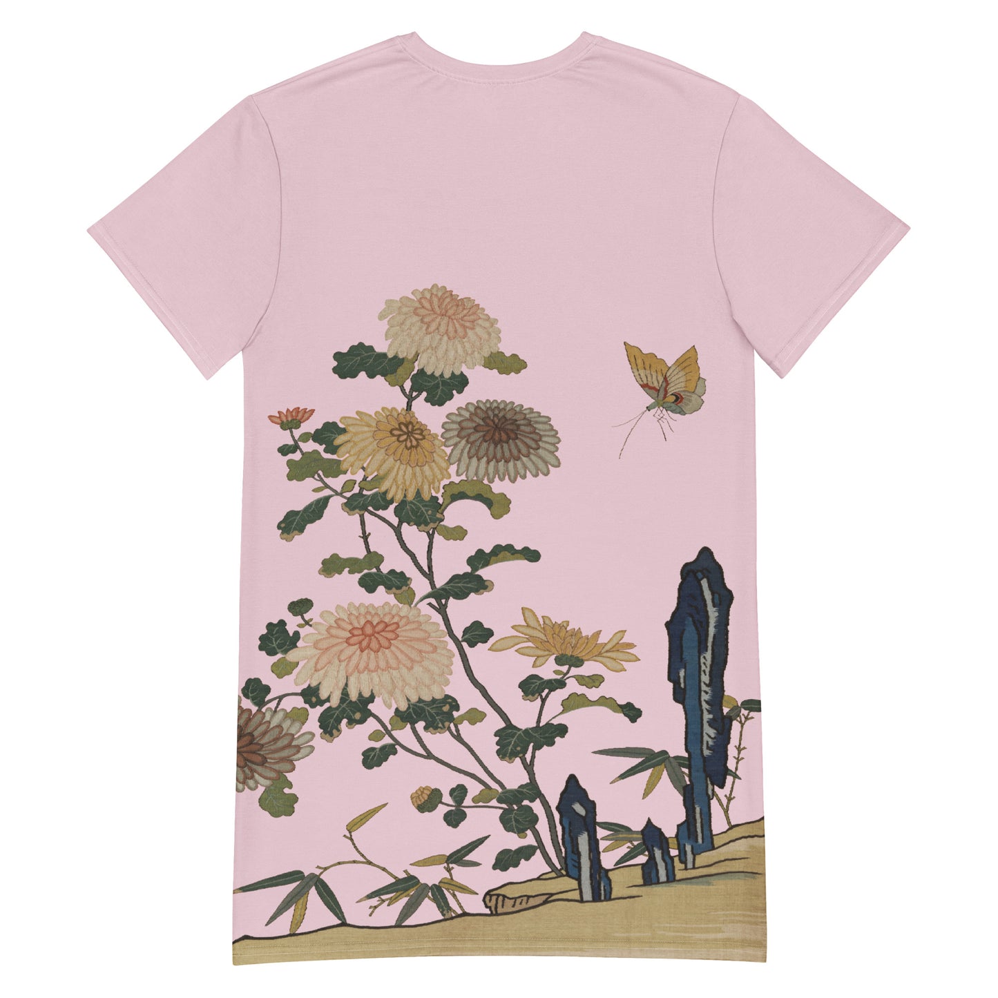 タペストリーの花｜菊と蝶｜Tシャツドレス｜Pale pinkish gray