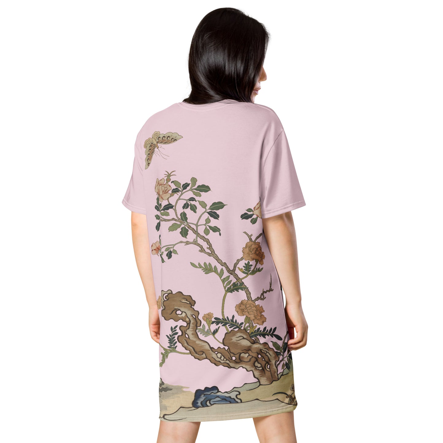 タペストリーの花｜Camellia and Butterfly｜T-shirt dress｜Pale pinkish gray