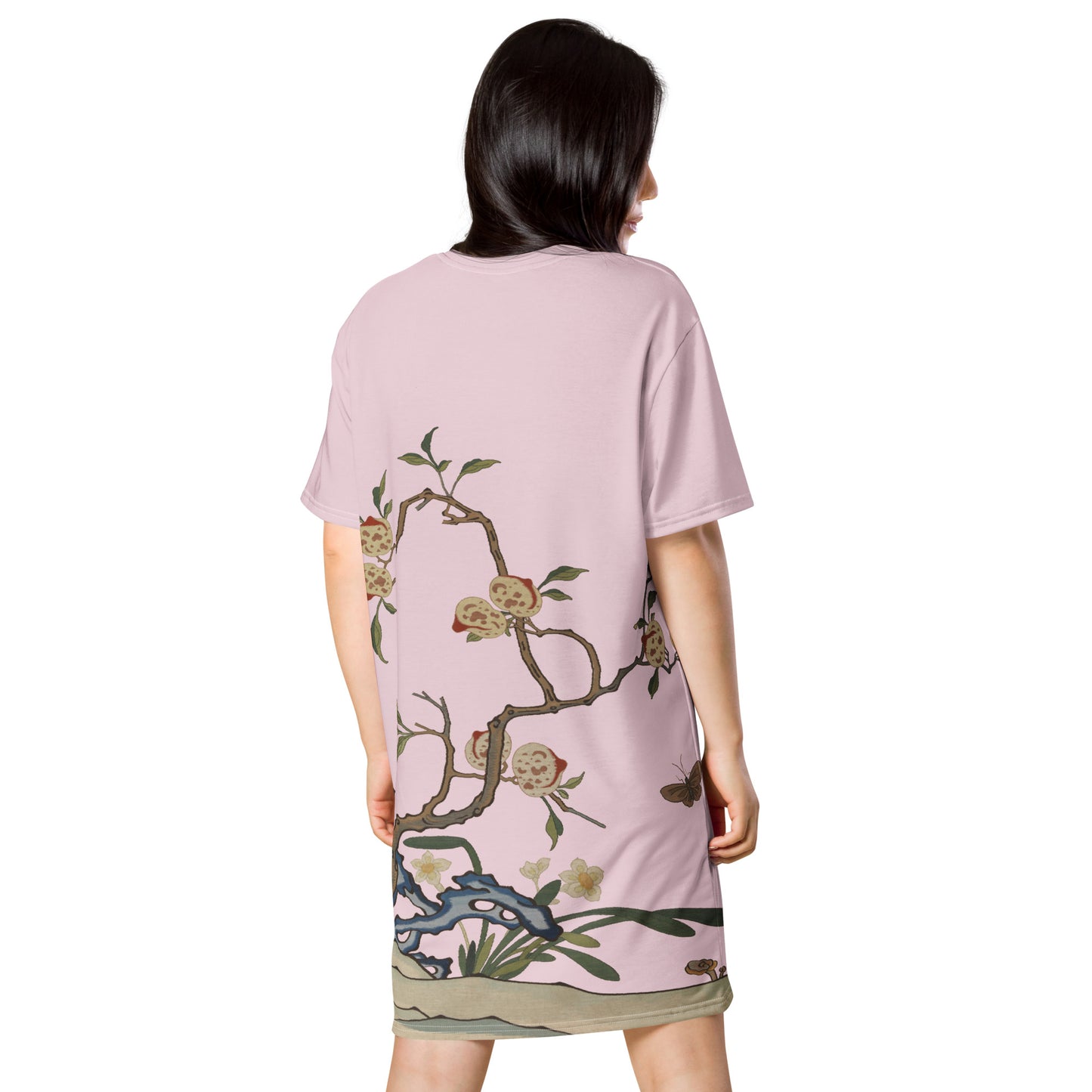 Kesi Flower Album｜Narcissus and Peaches｜T-shirt dress｜Pale pinkish gray