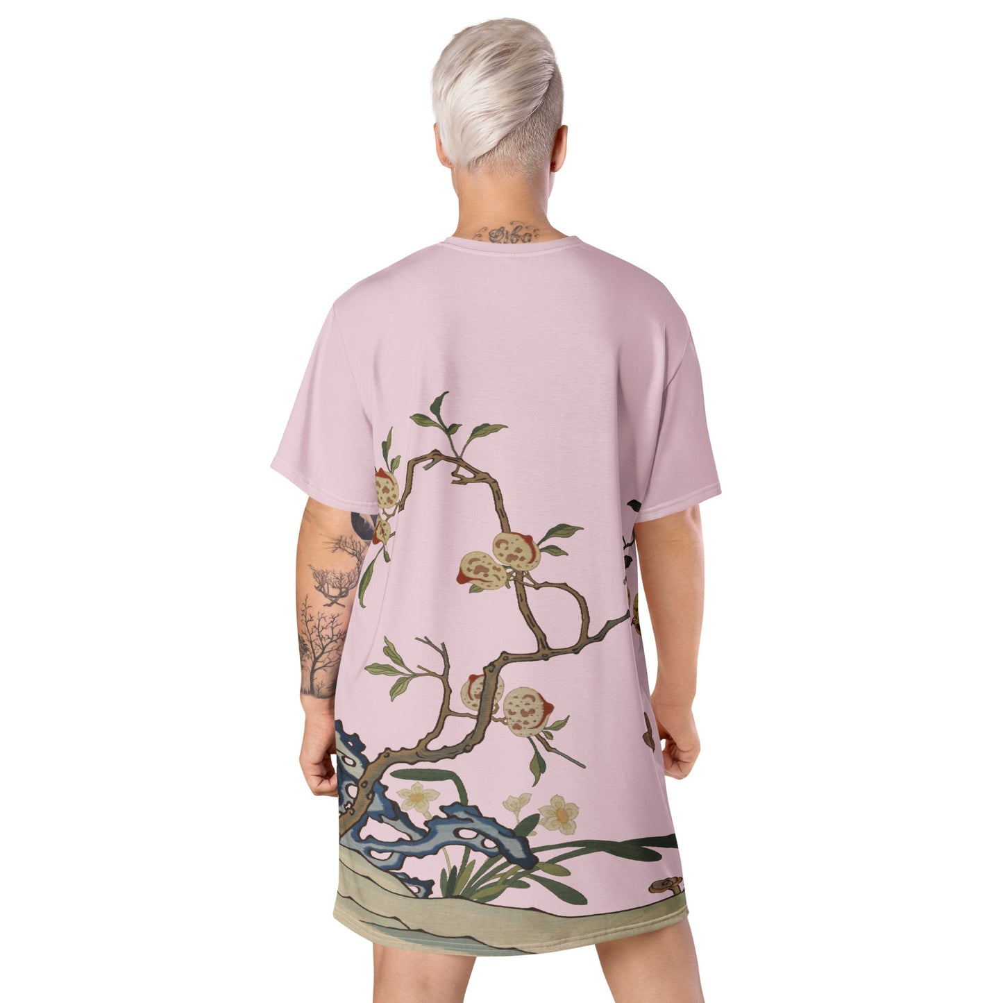 Kesi Flower Album｜Narcissus and Peaches｜T-shirt dress｜Pale pinkish gray