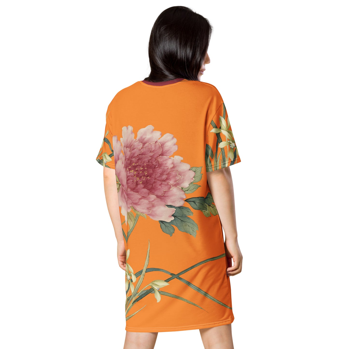 The Spirit of Flowers in Twelve Months｜Orchid and Tree Peony in Bloom｜T-shirt dress｜Orange