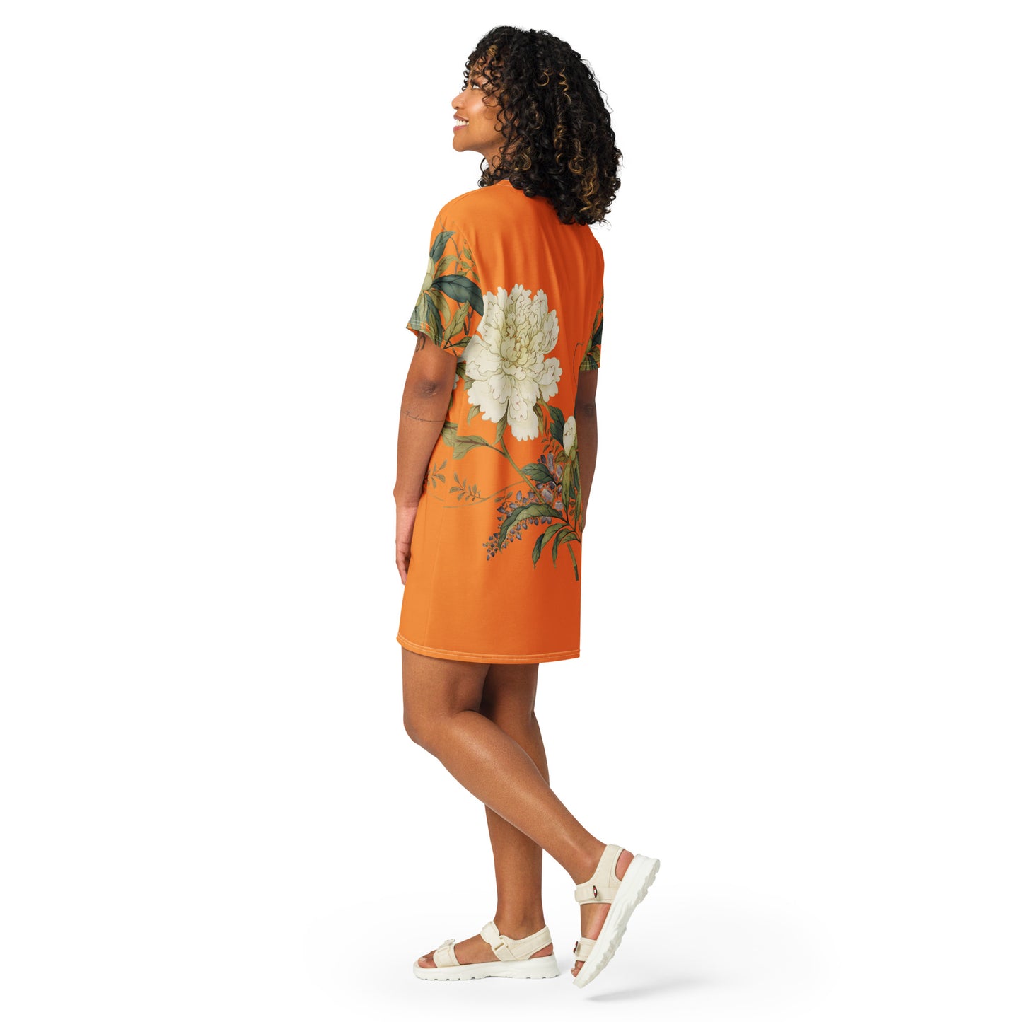 The Spirit of Flowers in Twelve Months｜Chinese Peony and Wisteria in Bloom｜T-shirt dress｜Orange