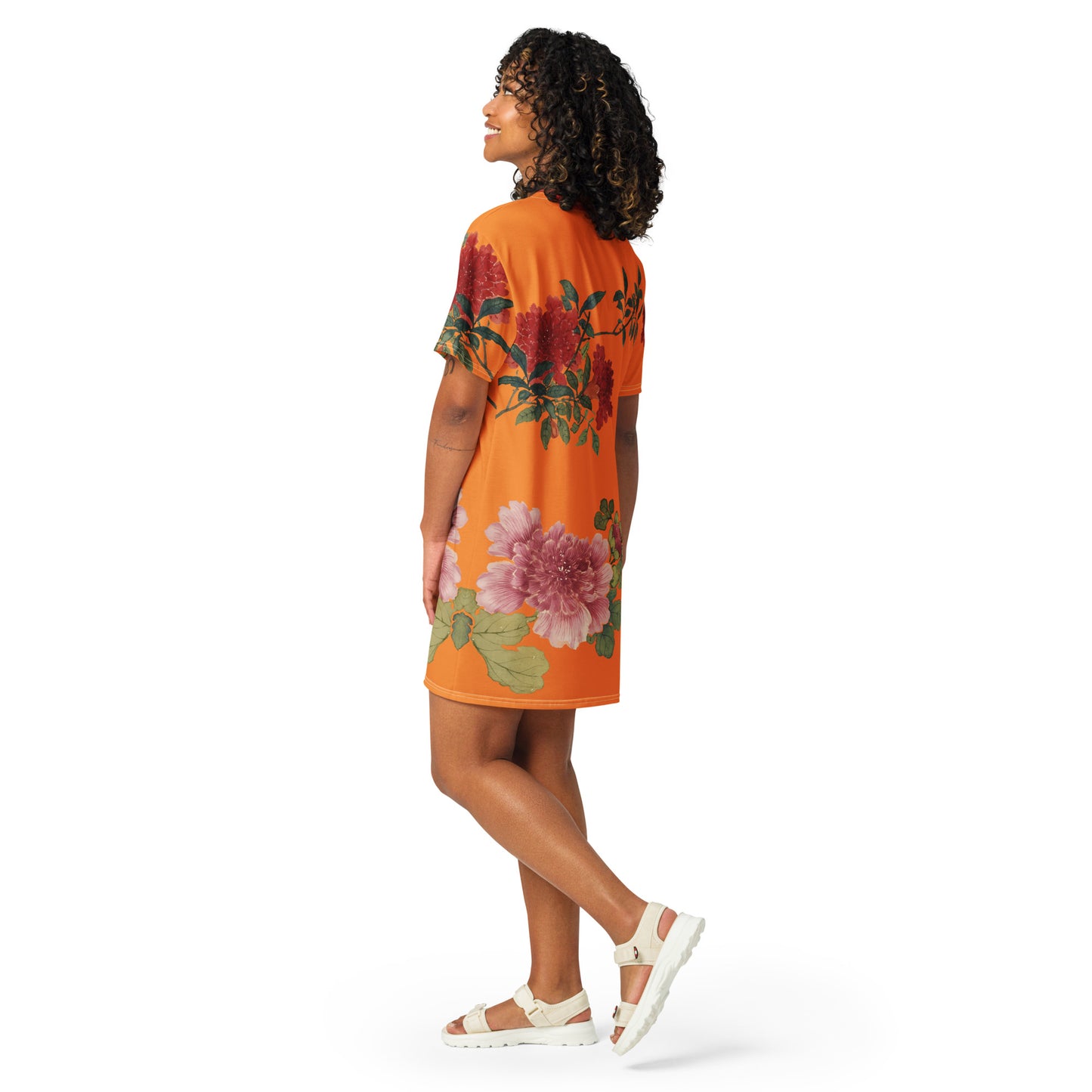 The Spirit of Flowers in Twelve Months｜Hollyhock and Pomegranate in Bloom｜T-shirt dress｜Orange