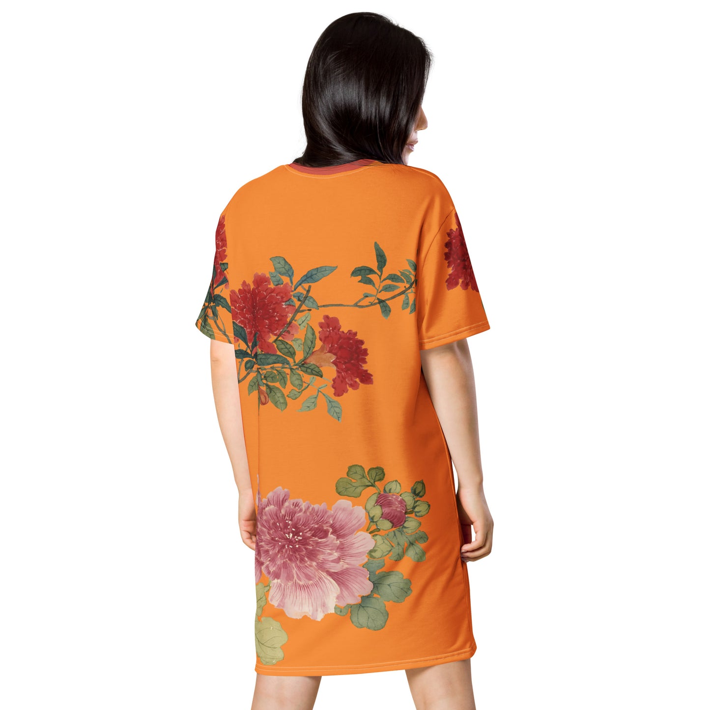 The Spirit of Flowers in Twelve Months｜Hollyhock and Pomegranate in Bloom｜T-shirt dress｜Orange