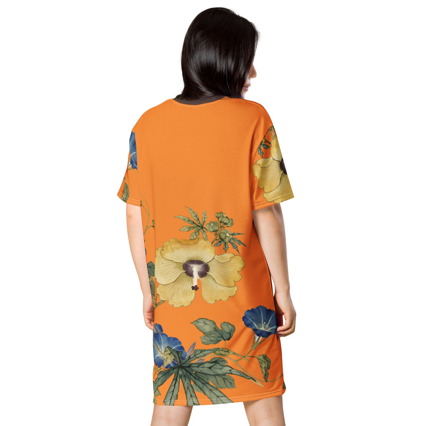 The Spirit of Flowers in Twelve Months｜Okra and White-edged Morning Glory in Bloom｜T-shirt dress｜Orange