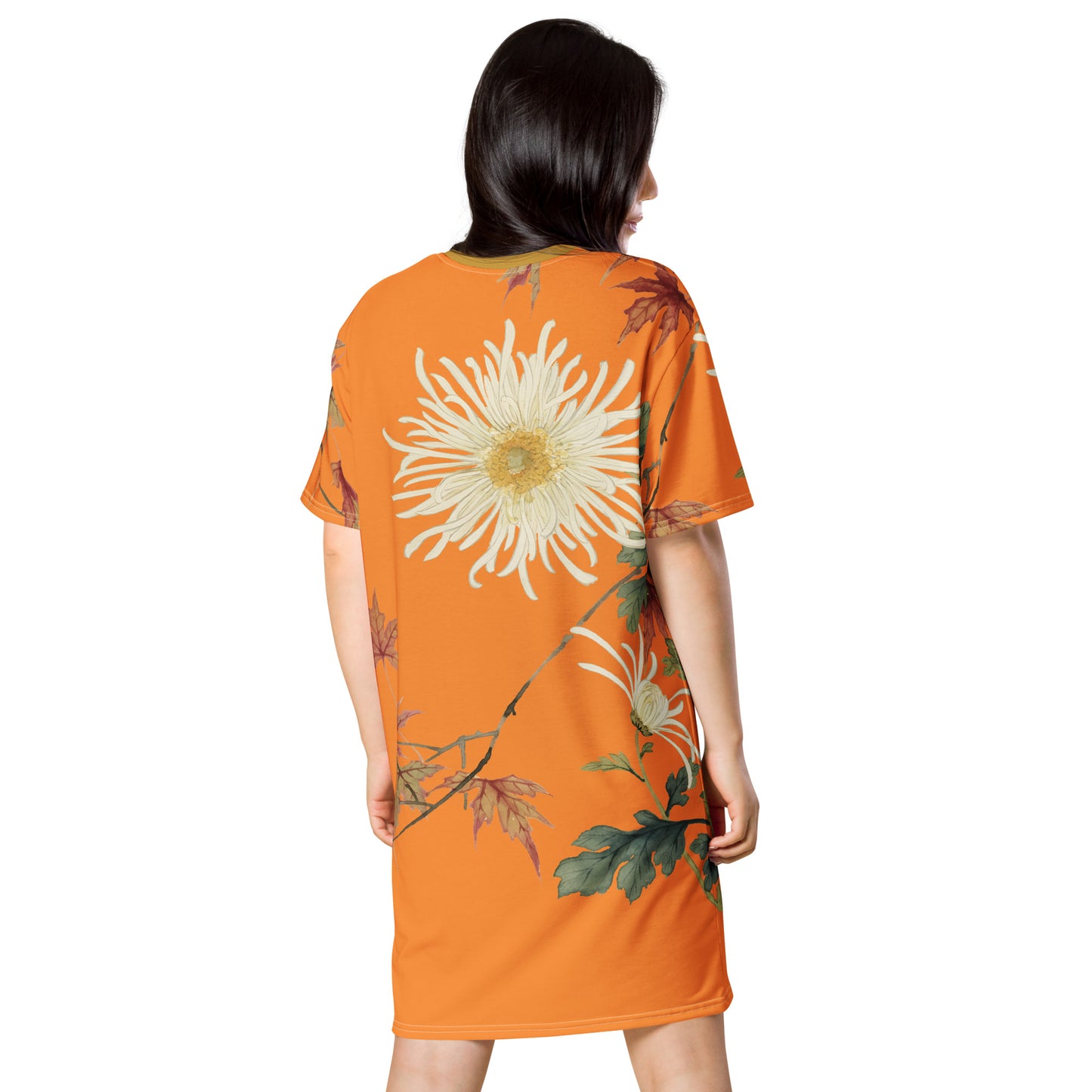 The Spirit of Flowers in Twelve Months｜Blooming Chrysanthemum and Maple Leaves｜T-shirt dress｜Orange