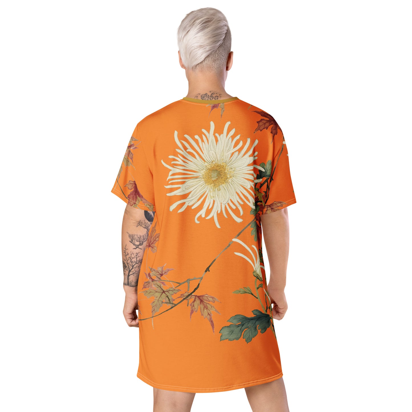 The Spirit of Flowers in Twelve Months｜Blooming Chrysanthemum and Maple Leaves｜T-shirt dress｜Orange