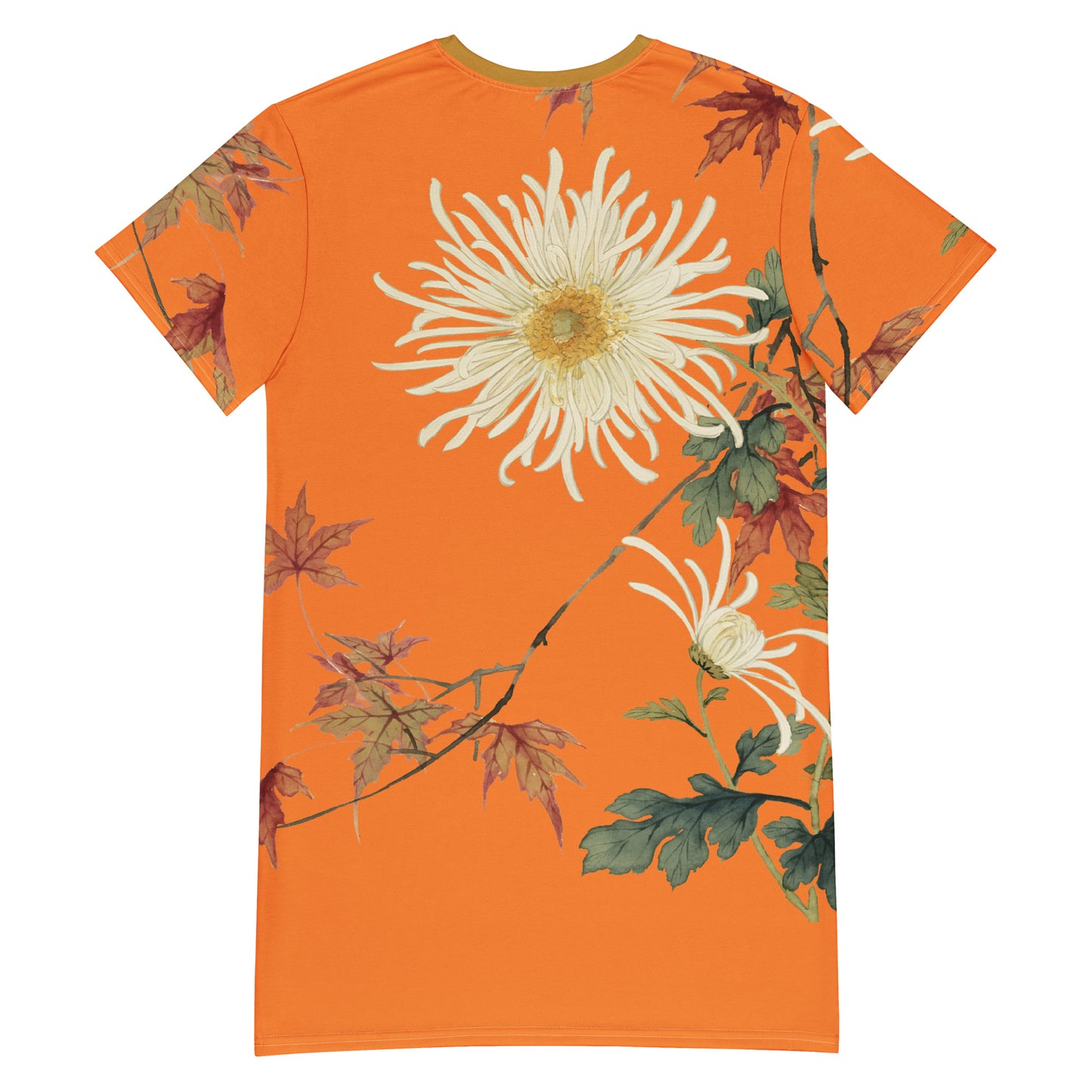 The Spirit of Flowers in Twelve Months｜Blooming Chrysanthemum and Maple Leaves｜T-shirt dress｜Orange