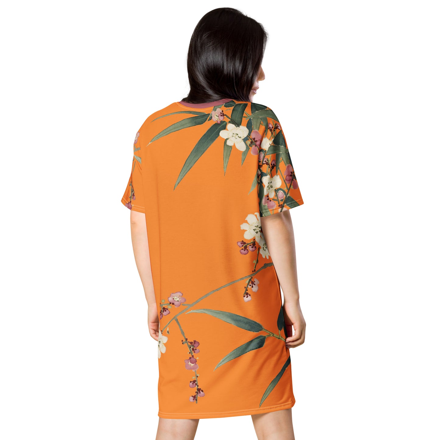 The Spirit of Flowers in Twelve Months｜Crimson Plum Blossom and Lush Green Bamboo｜T-shirt dress｜Orange