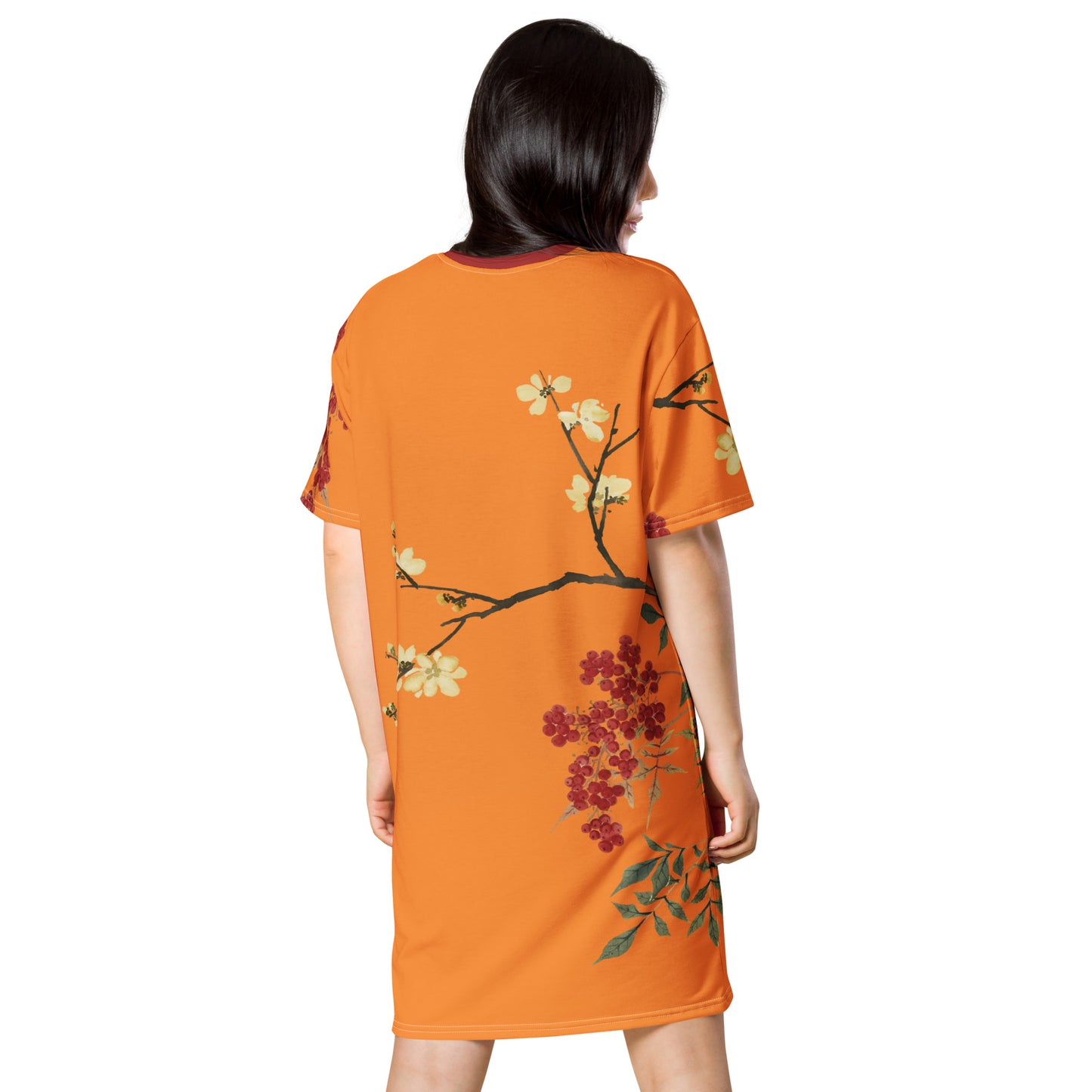 The Spirit of Flowers in Twelve Months｜Blooming Wintersweet and Heavenly Bamboo｜T-shirt dress｜Orange