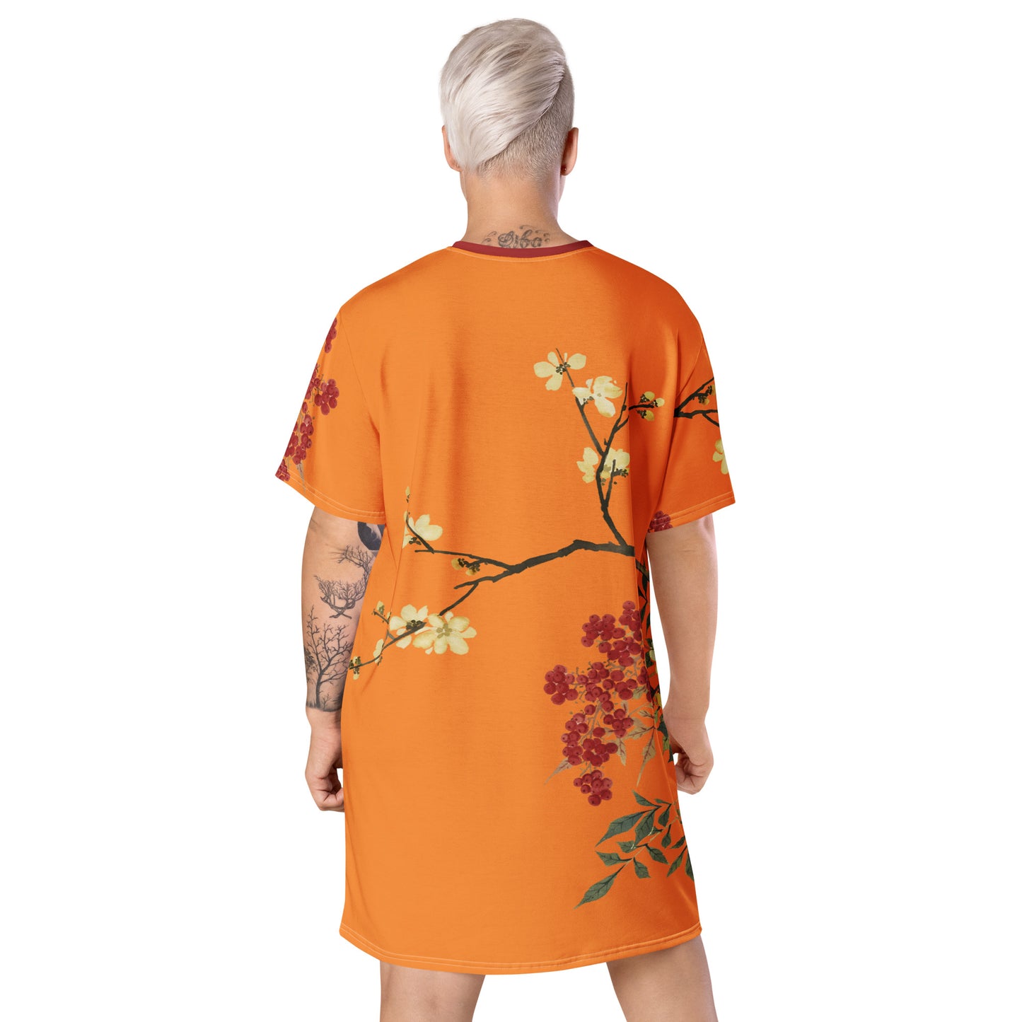 The Spirit of Flowers in Twelve Months｜Blooming Wintersweet and Heavenly Bamboo｜T-shirt dress｜Orange