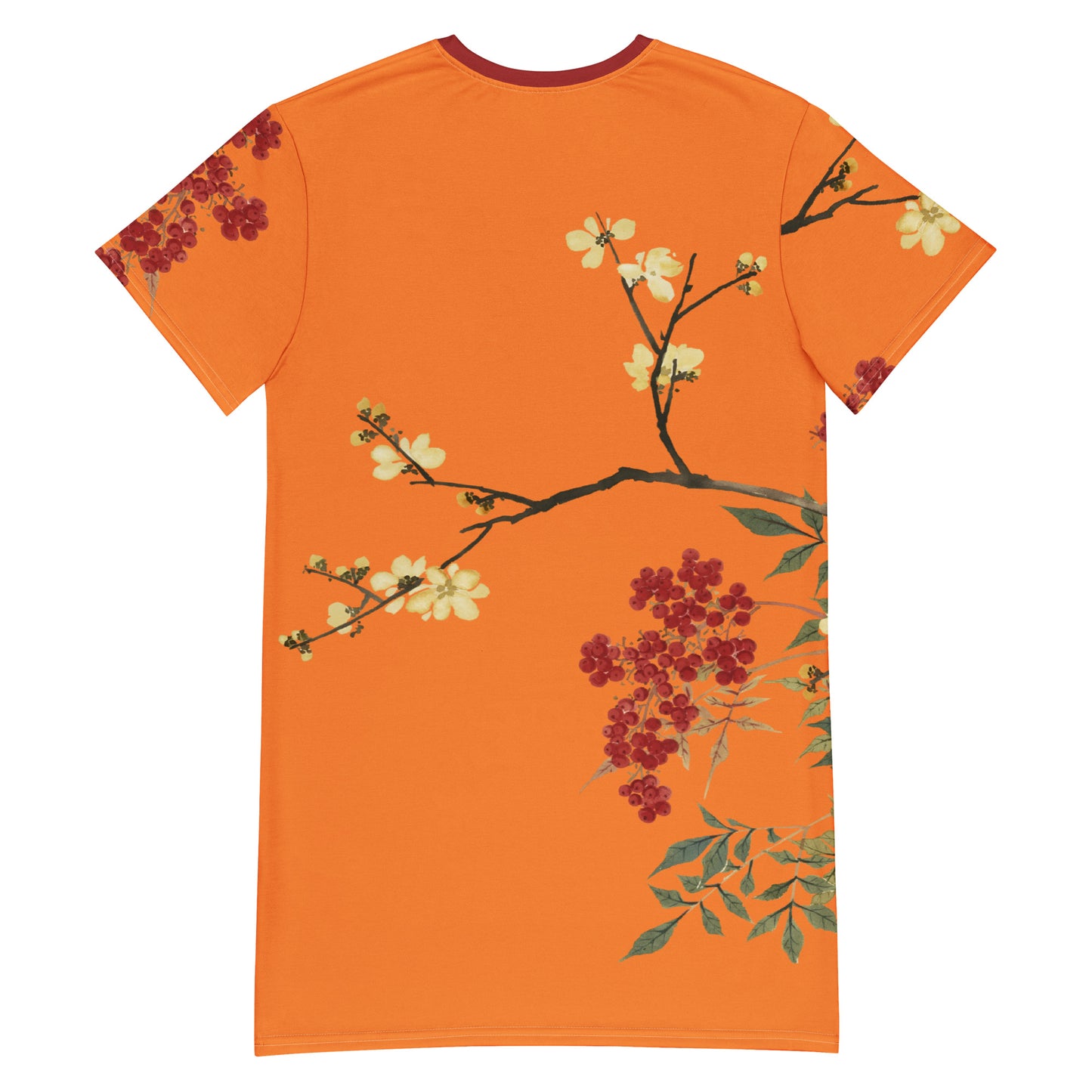 12月の花神様｜咲くロウバイとナンテン｜Tシャツドレス｜オレンジ