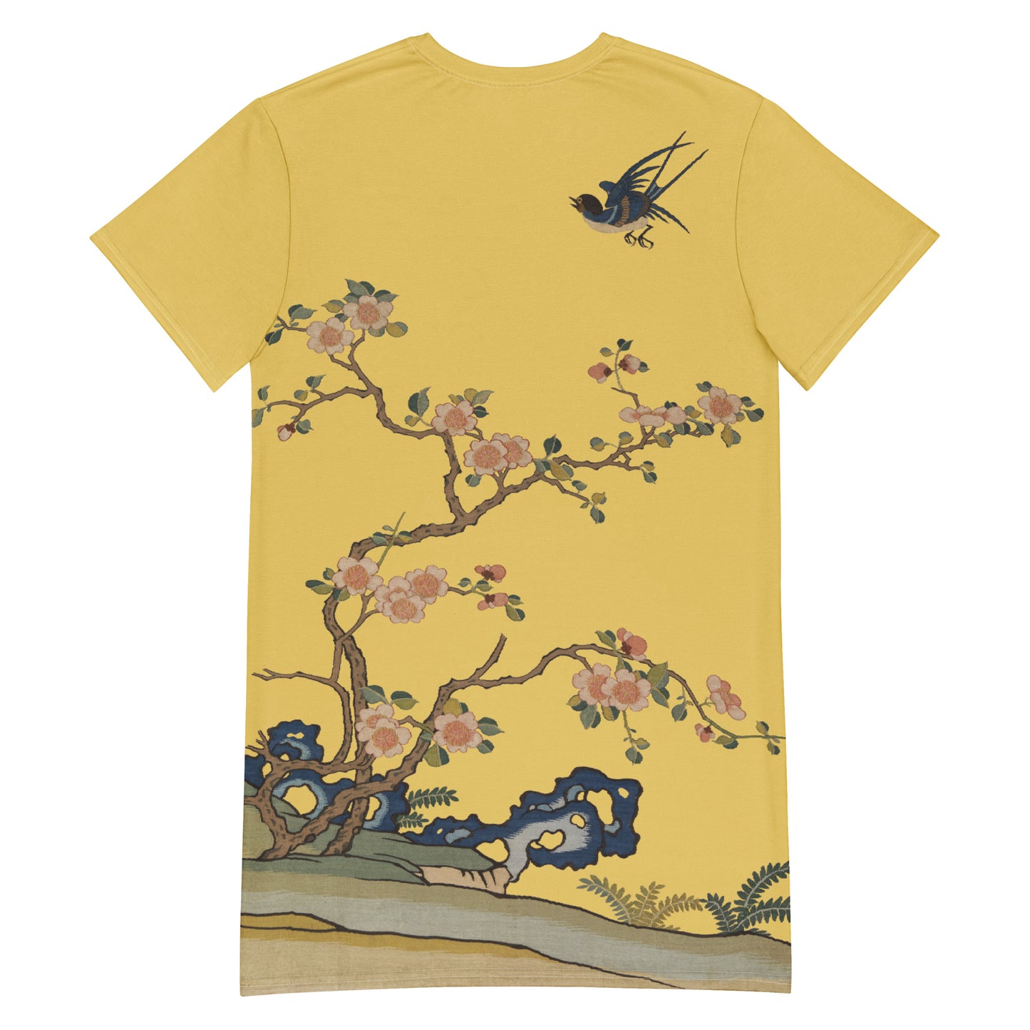 タペストリーの花｜Swallow in Flight, Harbinger of Spring｜Tシャツドレス｜ゴールド