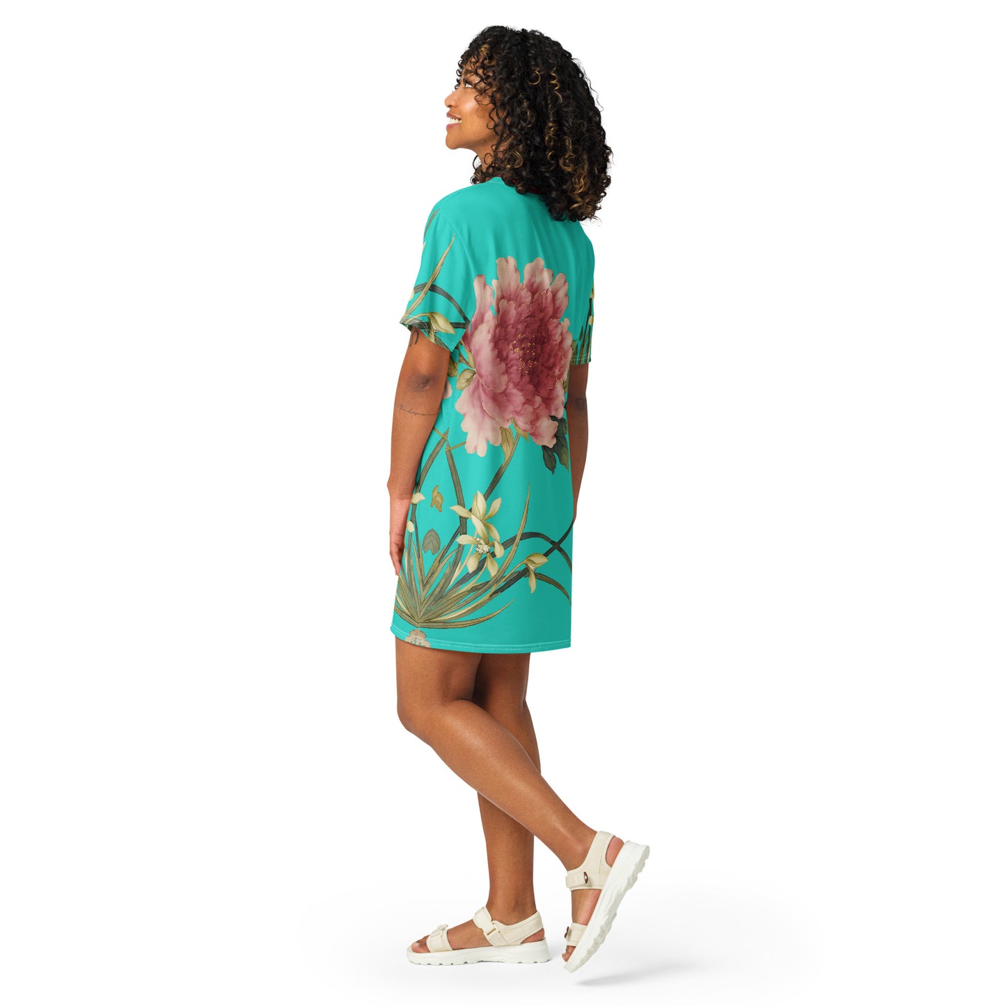 The Spirit of Flowers in Twelve Months｜Orchid and Tree Peony in Bloom｜T-shirt dress｜Turquoise