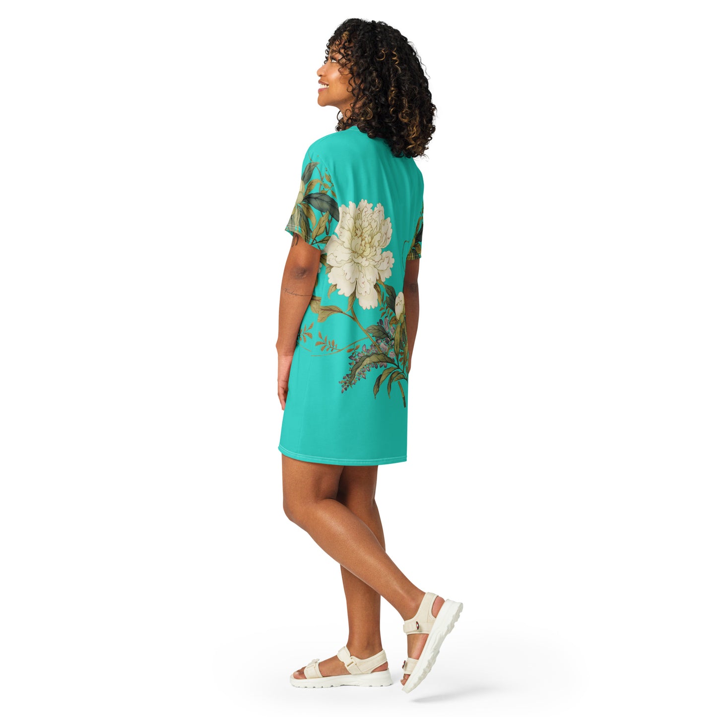 The Spirit of Flowers in Twelve Months｜Chinese Peony and Wisteria in Bloom｜T-shirt dress｜Turquoise