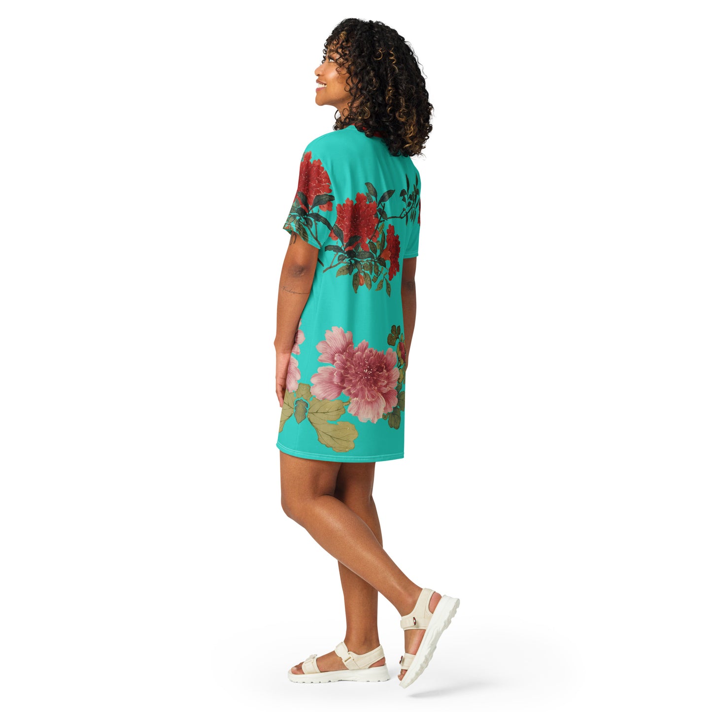 The Spirit of Flowers in Twelve Months｜Hollyhock and Pomegranate in Bloom｜T-shirt dress｜Turquoise