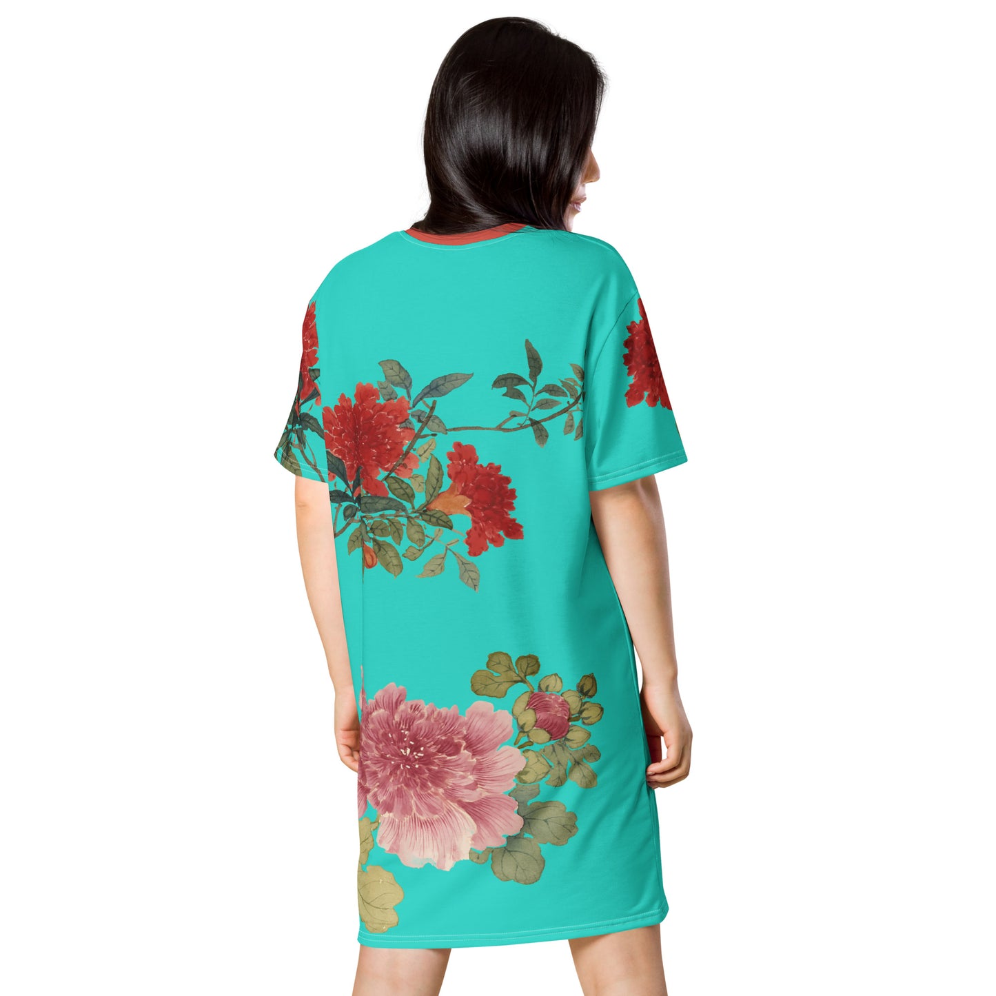 The Spirit of Flowers in Twelve Months｜Hollyhock and Pomegranate in Bloom｜T-shirt dress｜Turquoise