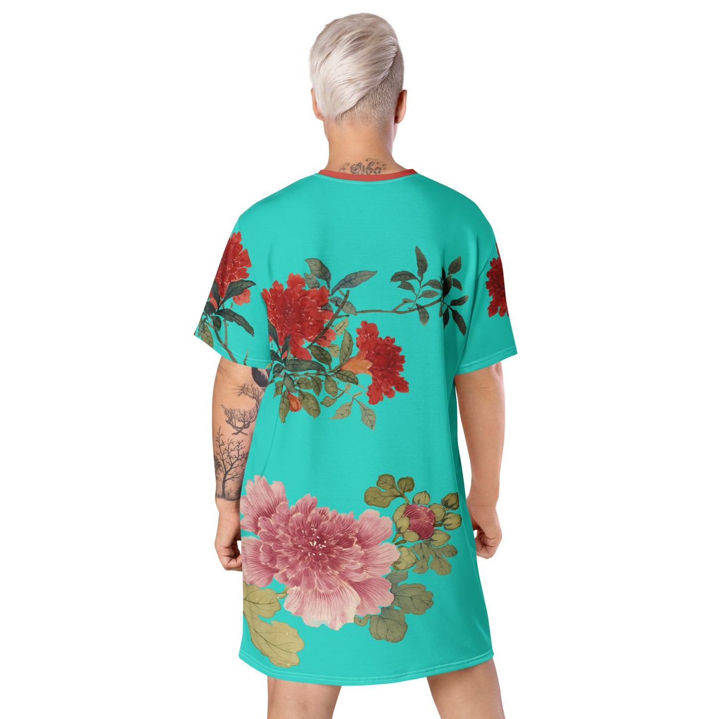 The Spirit of Flowers in Twelve Months｜Hollyhock and Pomegranate in Bloom｜T-shirt dress｜Turquoise