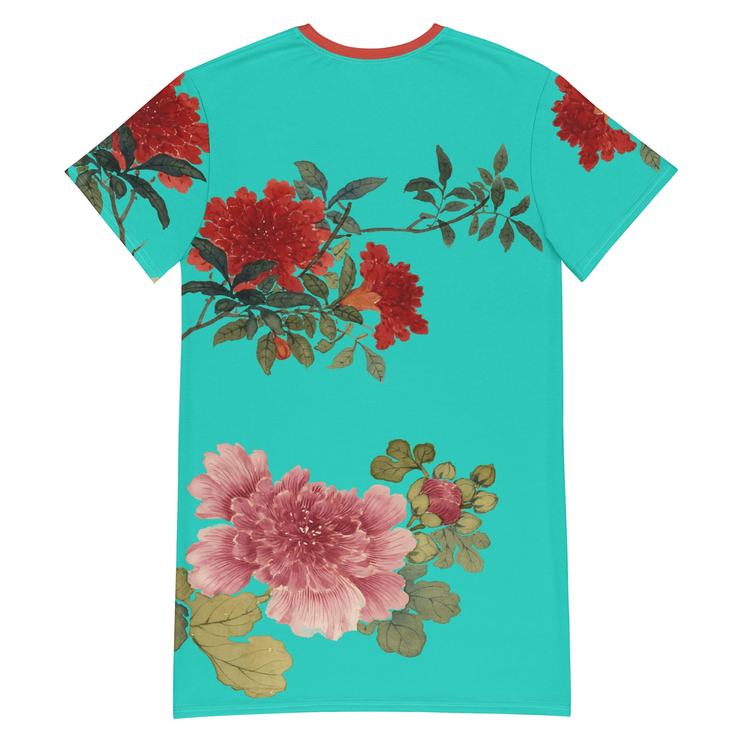 The Spirit of Flowers in Twelve Months｜Hollyhock and Pomegranate in Bloom｜T-shirt dress｜Turquoise