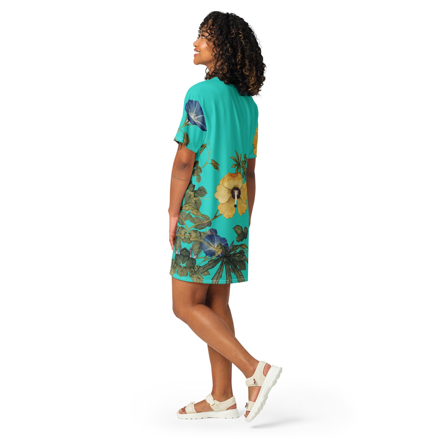 The Spirit of Flowers in Twelve Months｜Okra and White-edged Morning Glory in Bloom｜T-shirt dress｜Turquoise