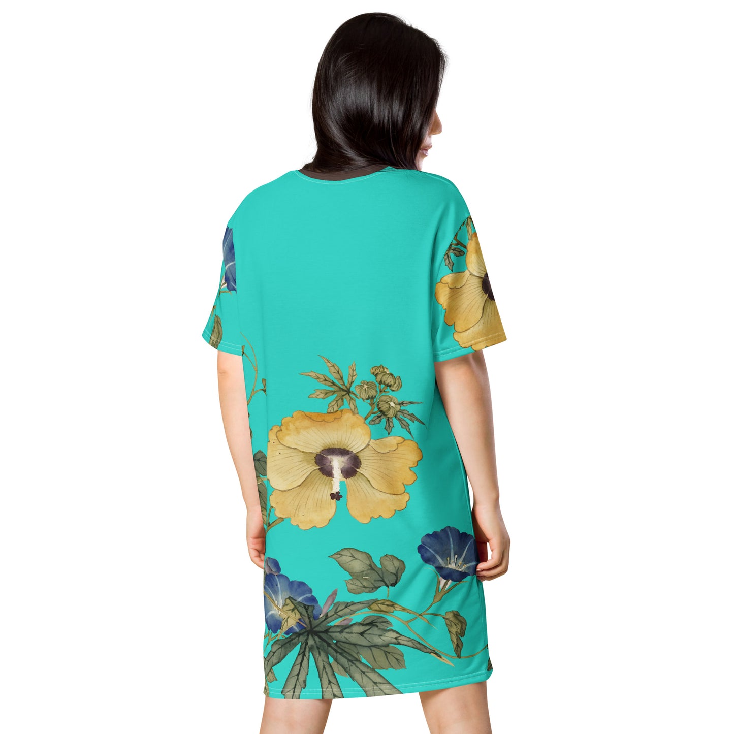 The Spirit of Flowers in Twelve Months｜Okra and White-edged Morning Glory in Bloom｜T-shirt dress｜Turquoise