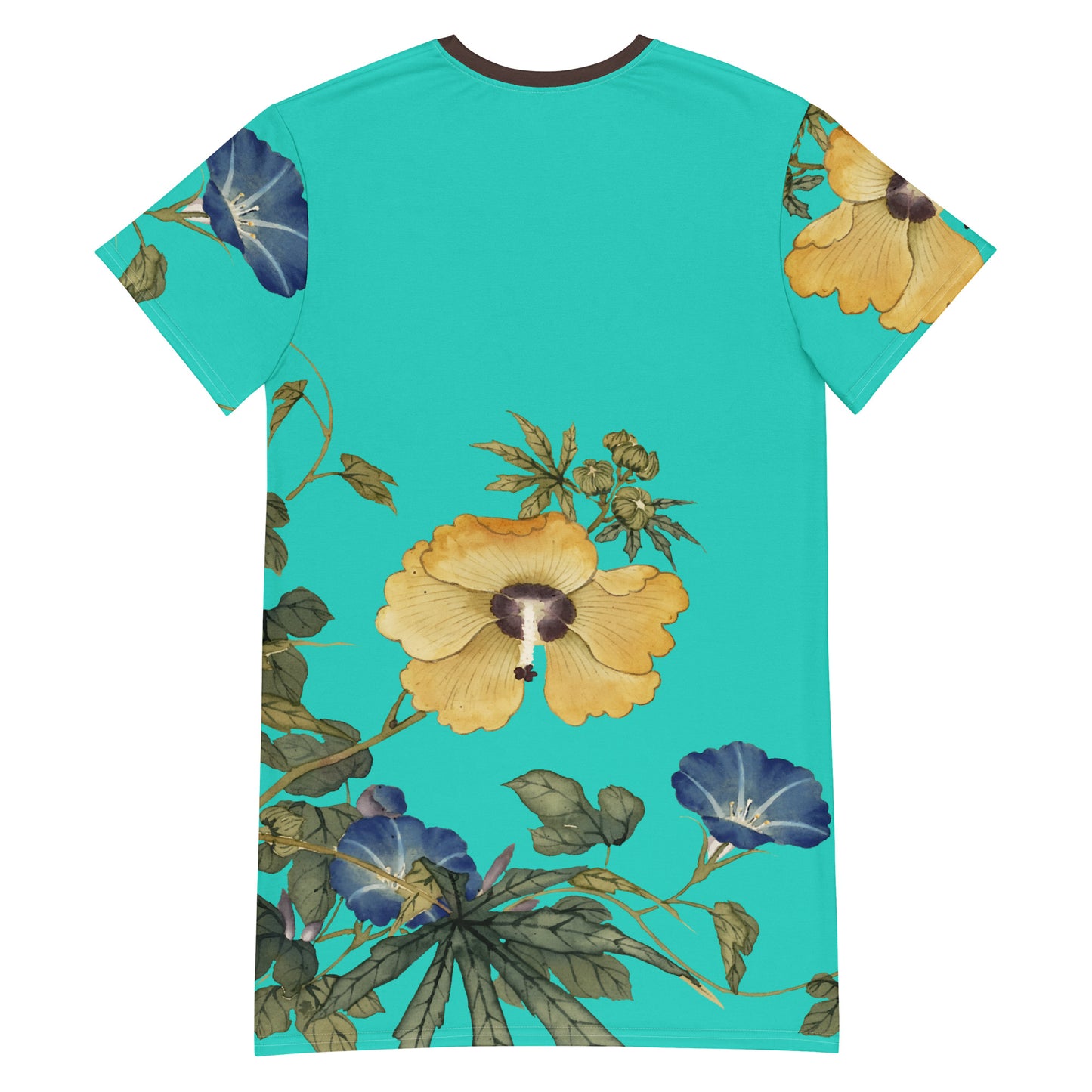 The Spirit of Flowers in Twelve Months｜Okra and White-edged Morning Glory in Bloom｜T-shirt dress｜Turquoise