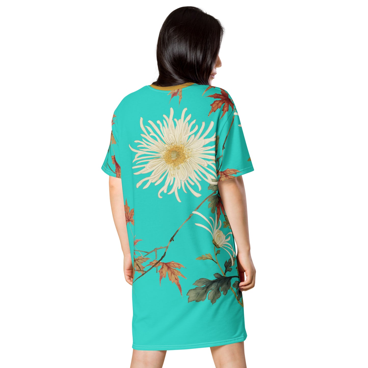 The Spirit of Flowers in Twelve Months｜Blooming Chrysanthemum and Maple Leaves｜T-shirt dress｜Turquoise