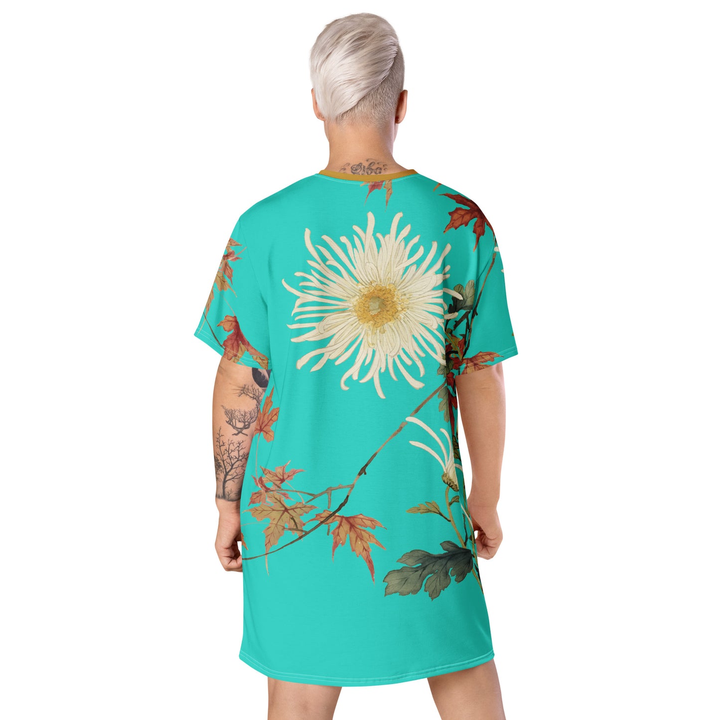 The Spirit of Flowers in Twelve Months｜Blooming Chrysanthemum and Maple Leaves｜T-shirt dress｜Turquoise