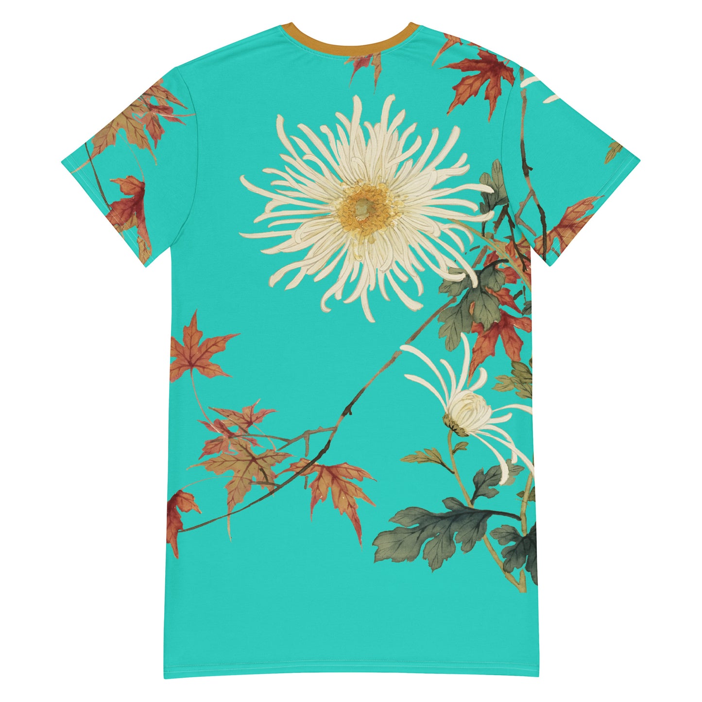 The Spirit of Flowers in Twelve Months｜Blooming Chrysanthemum and Maple Leaves｜T-shirt dress｜Turquoise