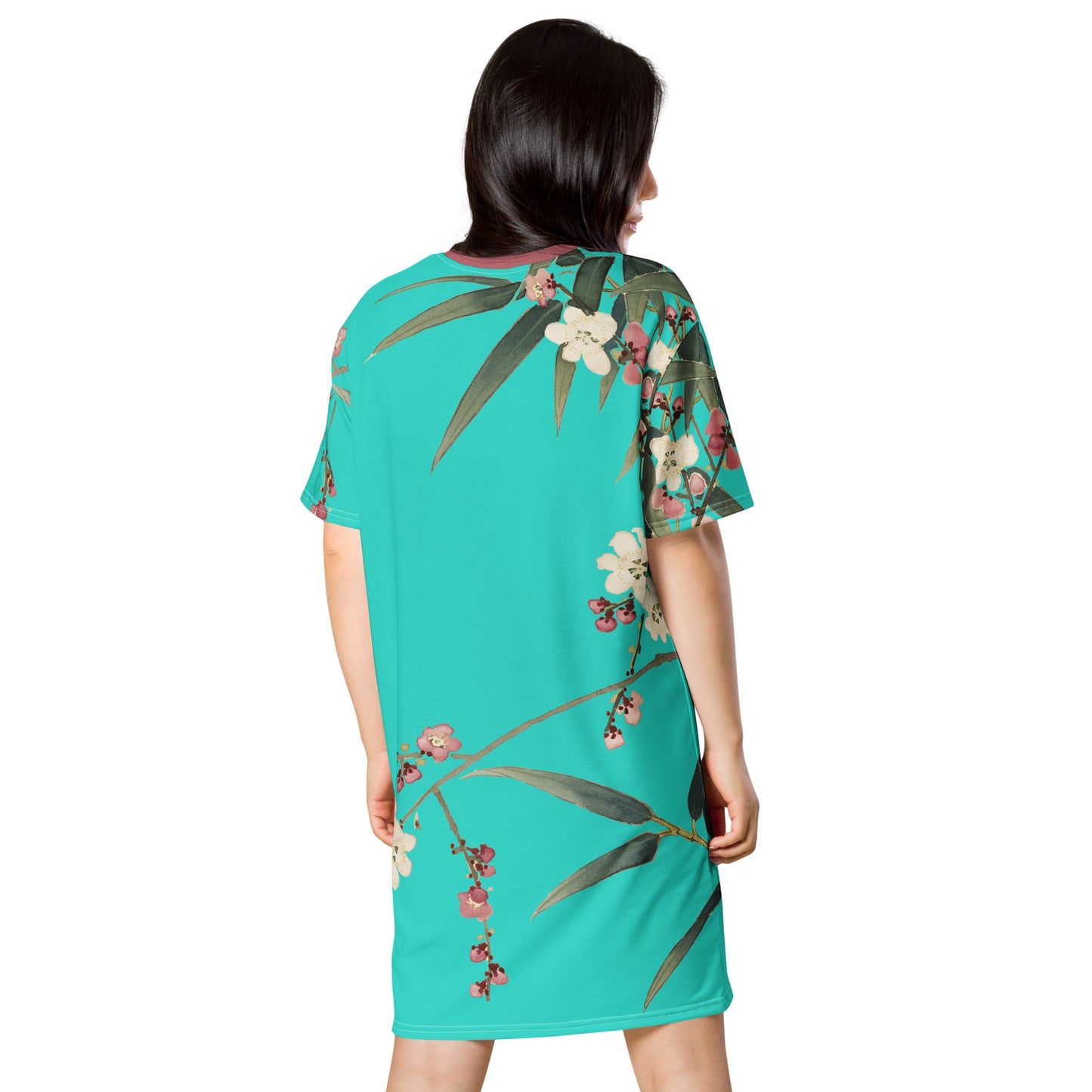 The Spirit of Flowers in Twelve Months｜Crimson Plum Blossom and Lush Green Bamboo｜T-shirt dress｜Turquoise