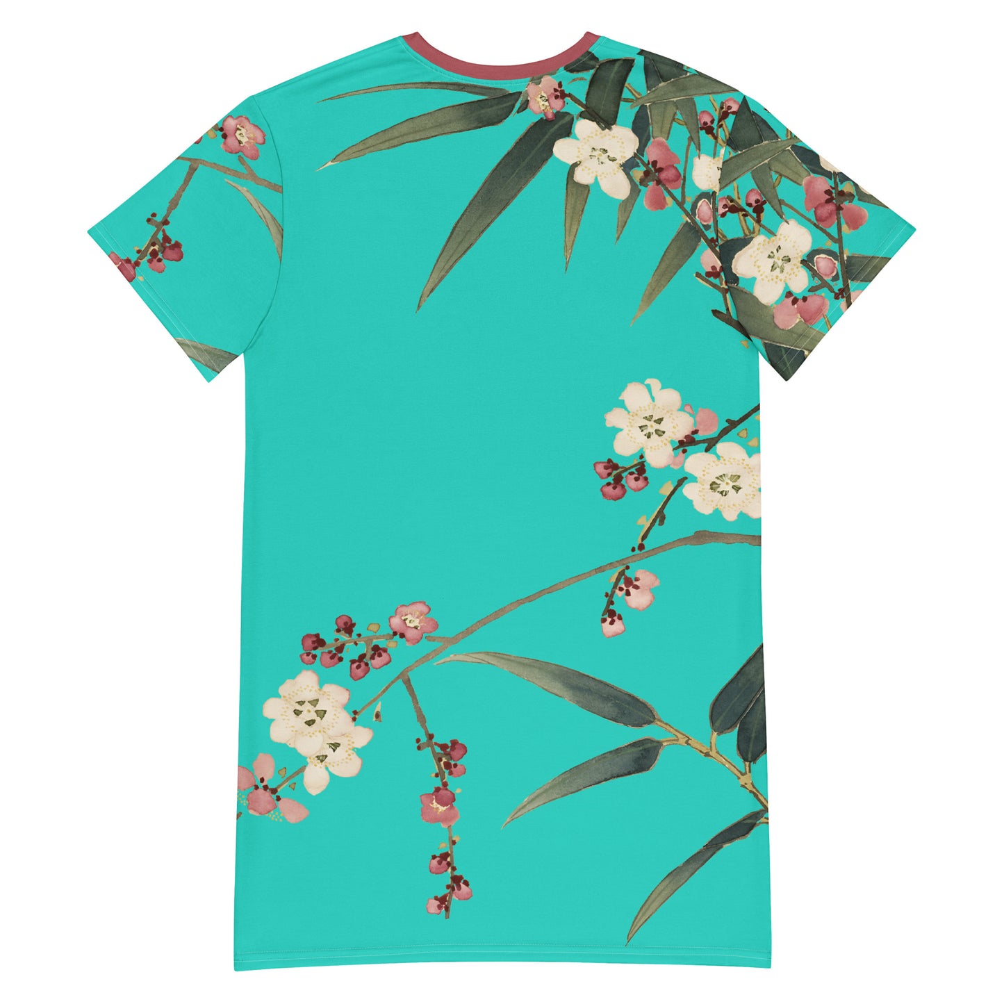 The Spirit of Flowers in Twelve Months｜Crimson Plum Blossom and Lush Green Bamboo｜T-shirt dress｜Turquoise