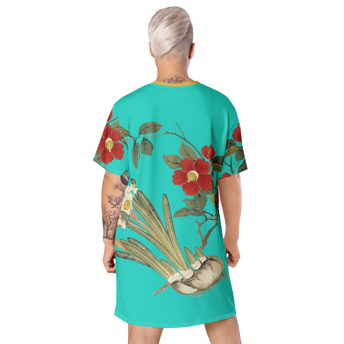 The Spirit of Flowers in Twelve Months｜Narcissus and Camelia in Bloom｜T-shirt dress｜Turquoise