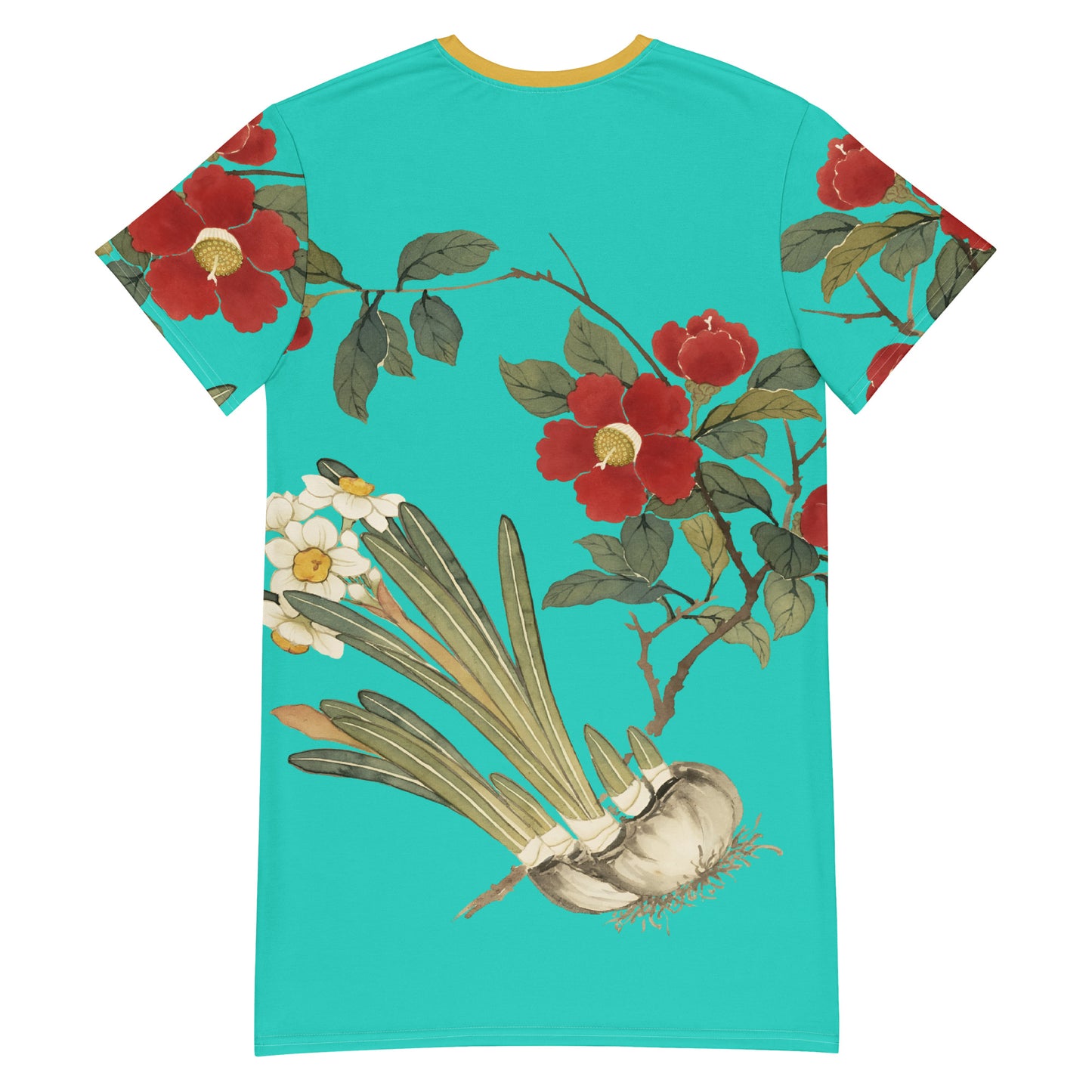 The Spirit of Flowers in Twelve Months｜Narcissus and Camelia in Bloom｜T-shirt dress｜Turquoise