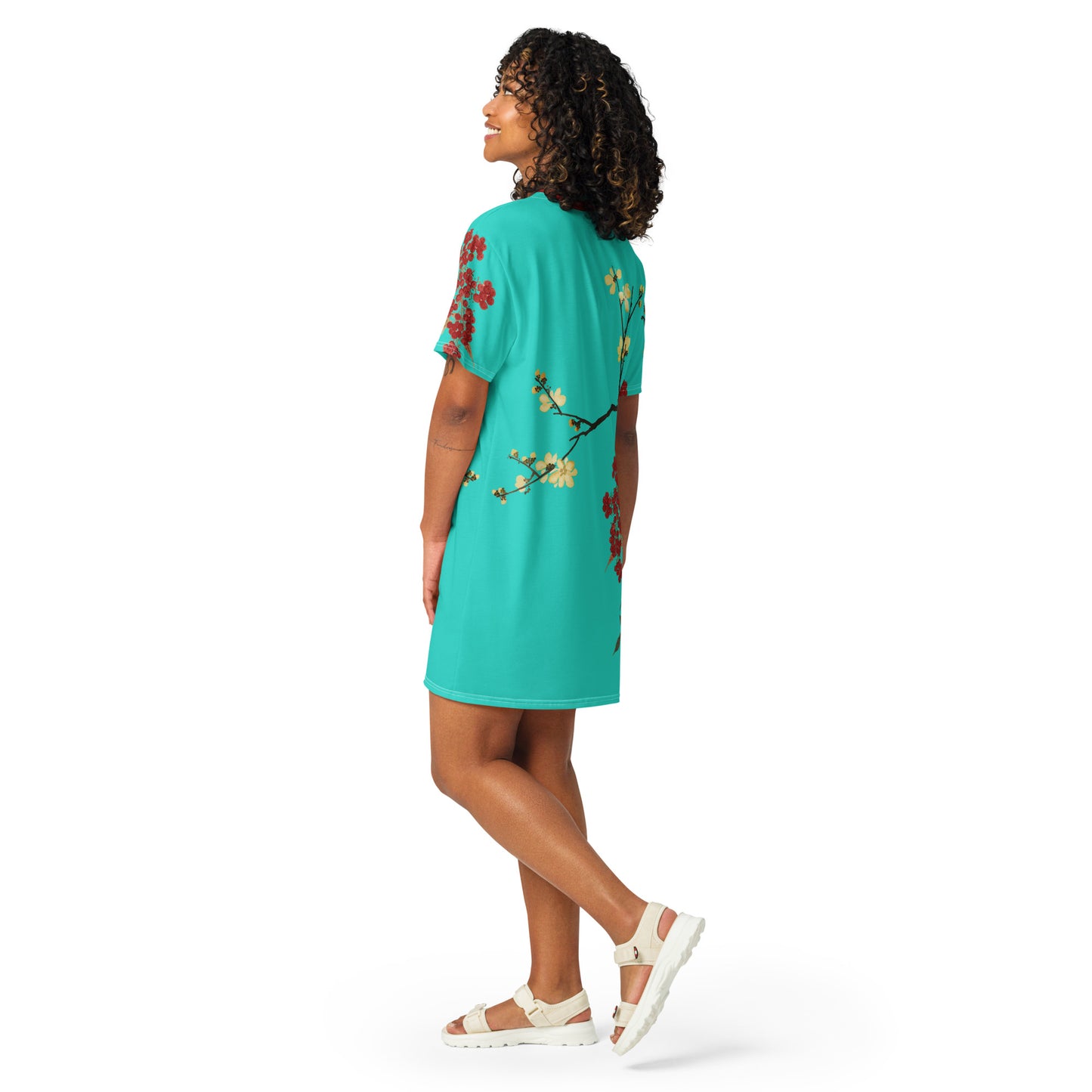 The Spirit of Flowers in Twelve Months｜Blooming Wintersweet and Heavenly Bamboo｜T-shirt dress｜Turquoise