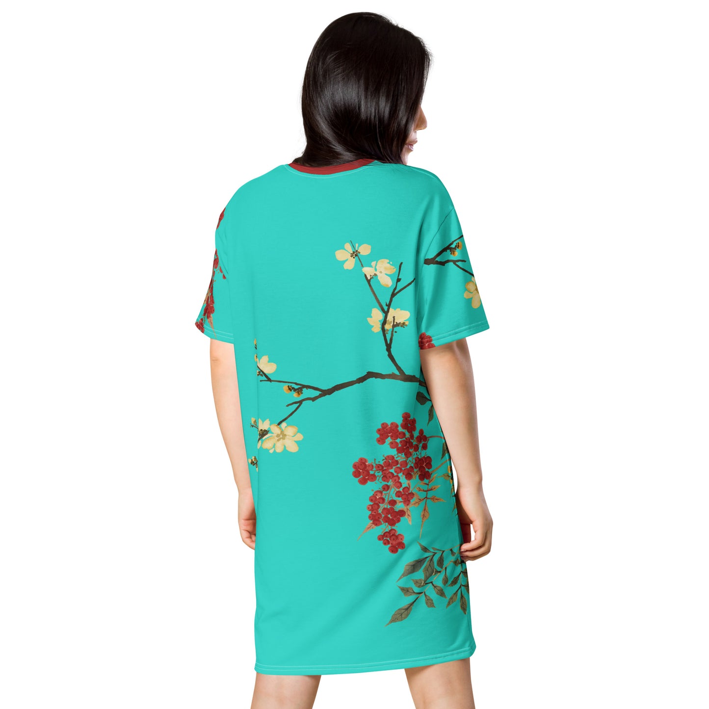 The Spirit of Flowers in Twelve Months｜Blooming Wintersweet and Heavenly Bamboo｜T-shirt dress｜Turquoise