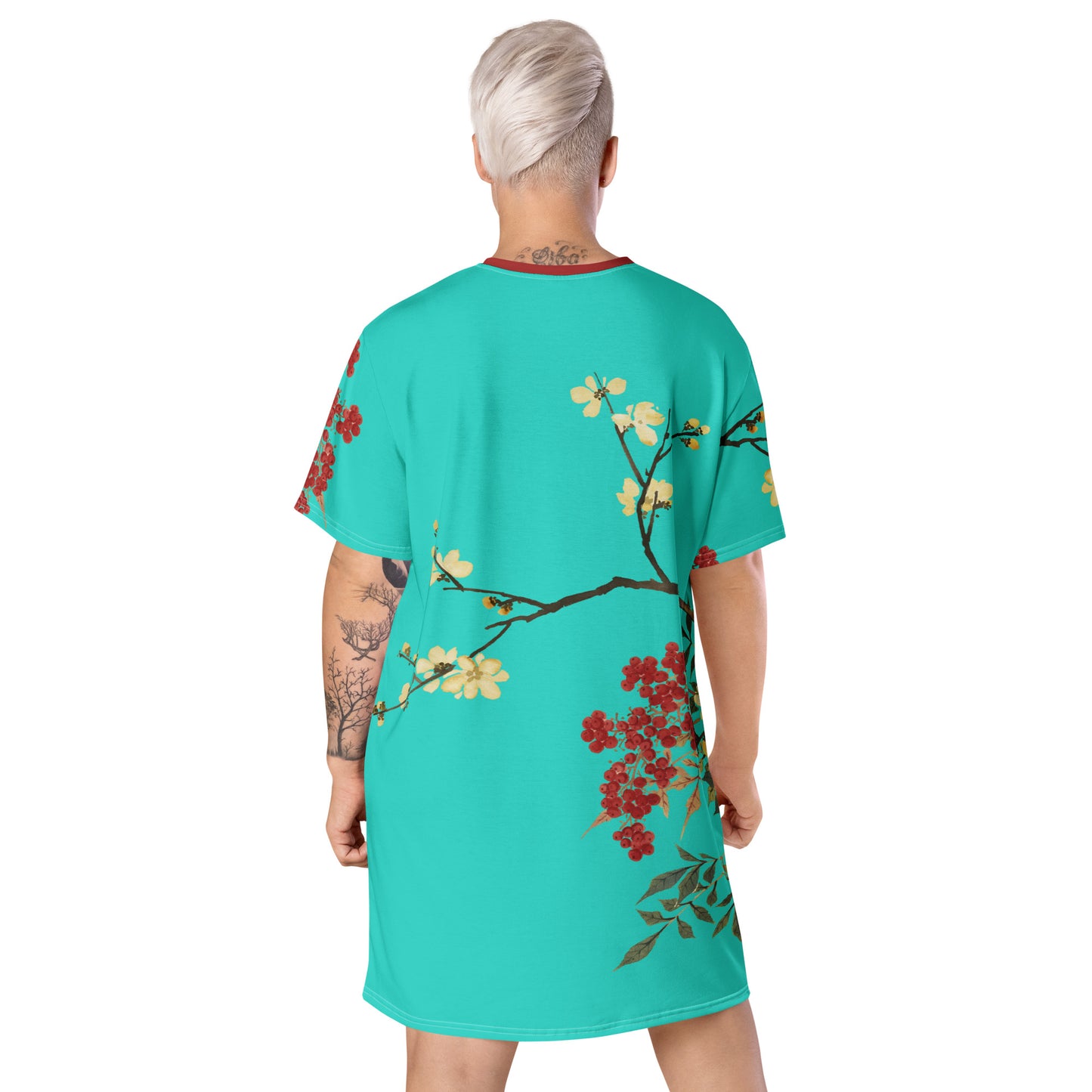 The Spirit of Flowers in Twelve Months｜Blooming Wintersweet and Heavenly Bamboo｜T-shirt dress｜Turquoise