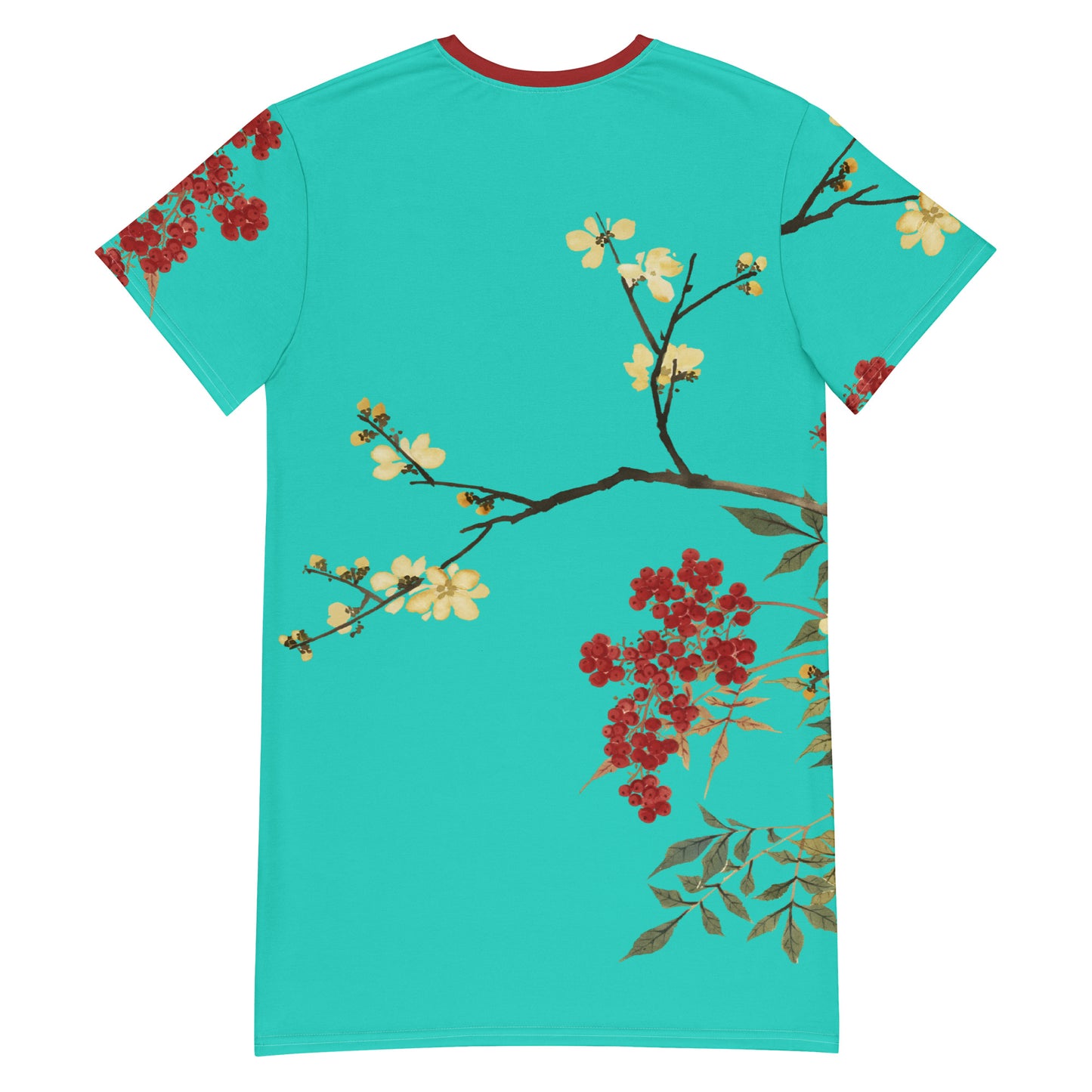 The Spirit of Flowers in Twelve Months｜Blooming Wintersweet and Heavenly Bamboo｜T-shirt dress｜Turquoise