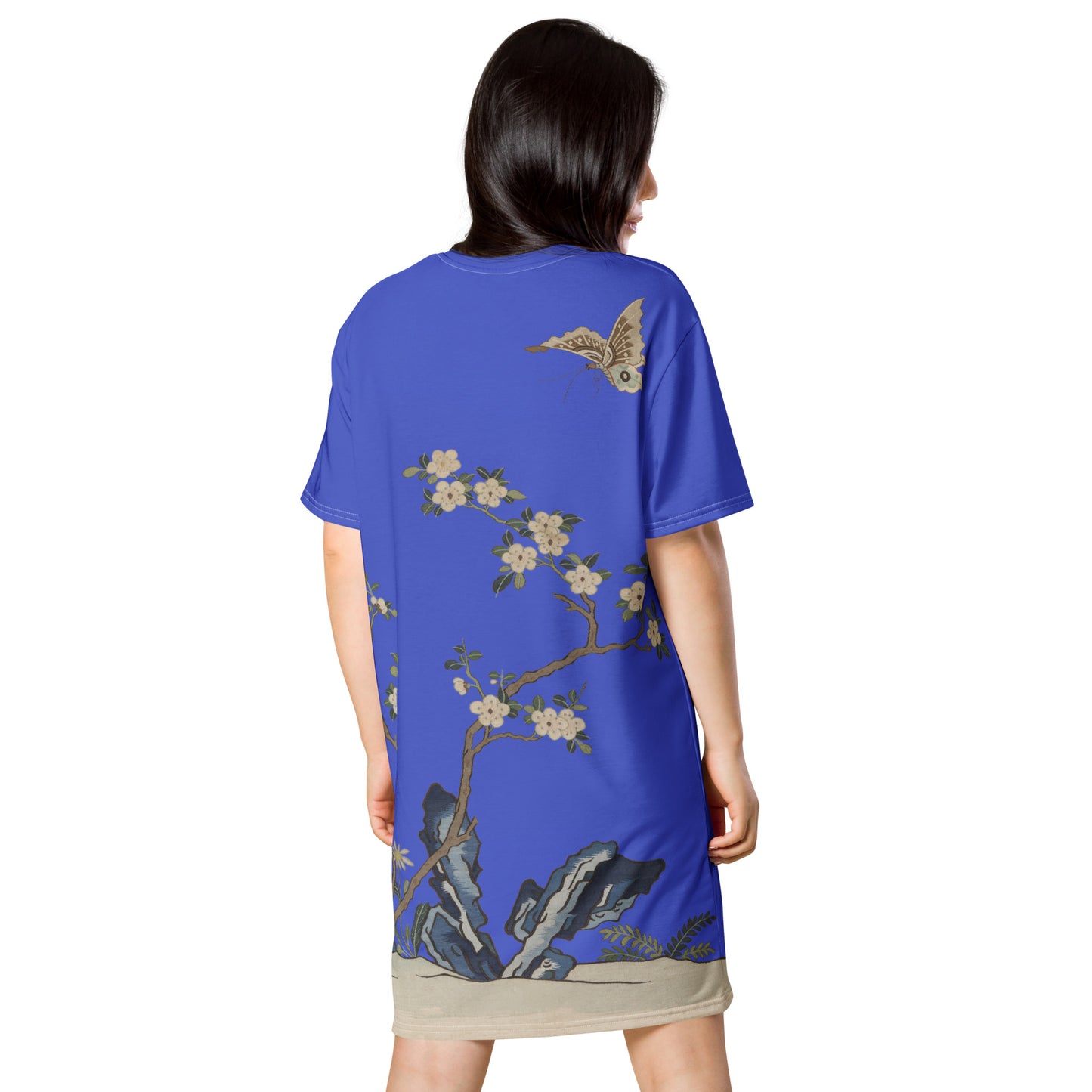 Kesi Flower Album｜White Plum Blossoms and Butterfly｜T-shirt dress｜Royal blue